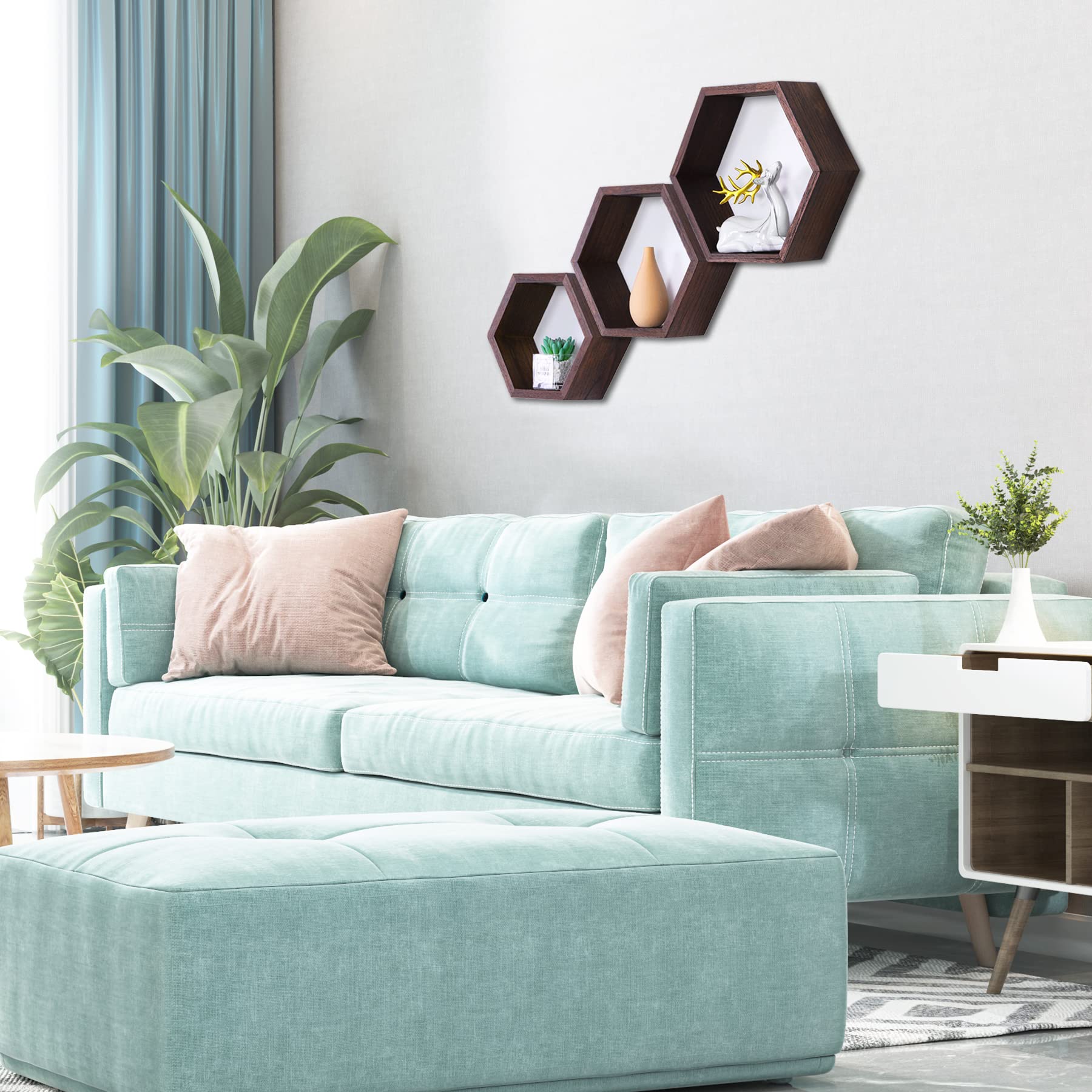 PHOENANCEE Hexagon Floating Shelves Set of 3 - Honeycomb Wall Shelves for Home Decor, Wooden Farmhouse Hexagonal Storage Shelves for Living Room, Bedroom, Kitchen & Office (Walnut) - Perfect for Displaying Photos, Plants and Decorative Items