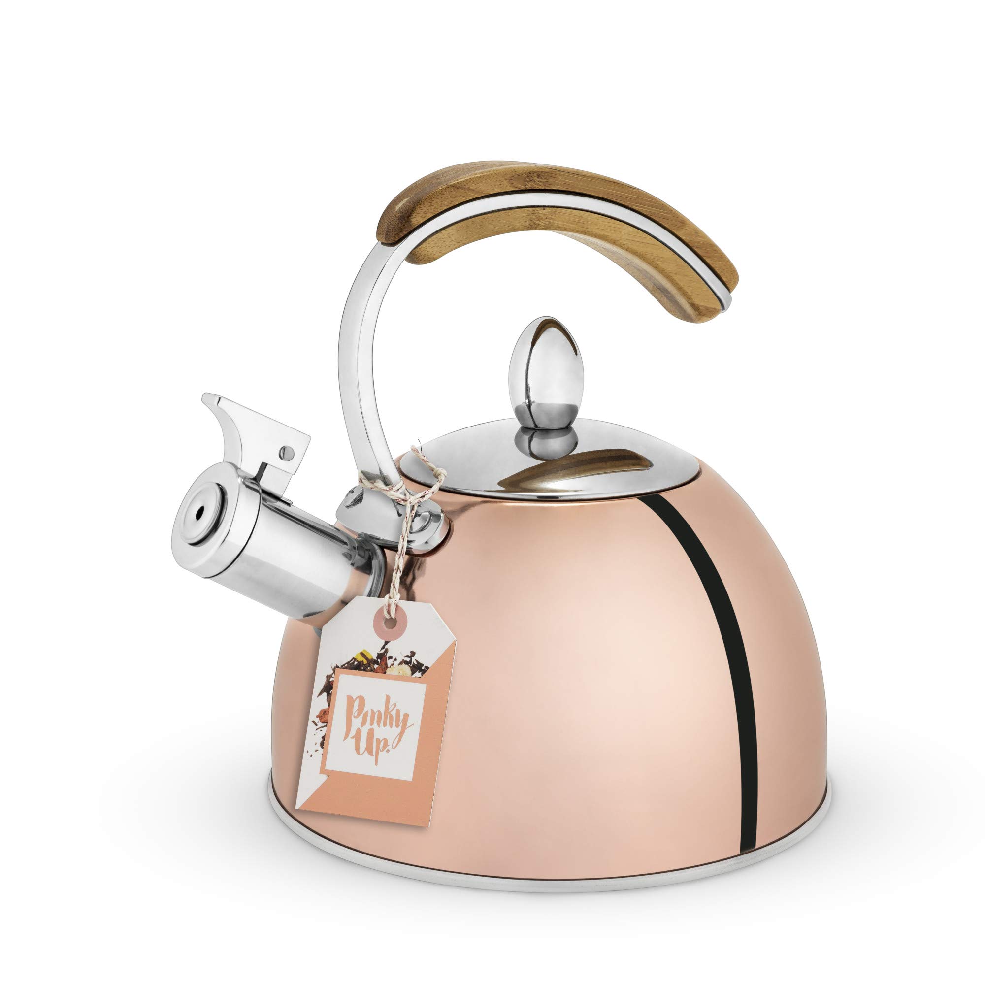 Pinky Up Presley 70 oz Stainless Steel Whistling Tea Kettle - Fast Boiling Stovetop Kettle with Wooden Handle & Rose Gold Finish - Perfect for Tea Lovers, Kitchen Decor & Gift Giving