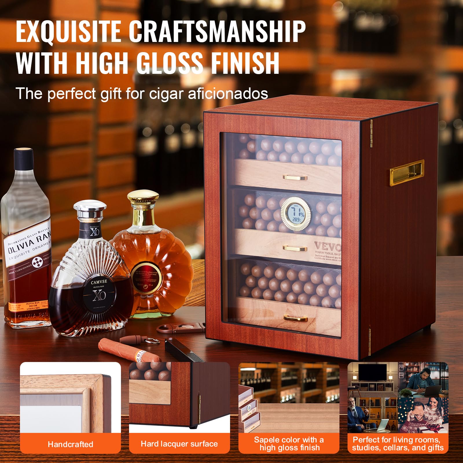 VEVOR Spanish Cedar Wood Cigar Humidor Cabinet - Handmade Desktop Storage Case for 100-150 Cigars with Digital Hygrometer, Humidifier & Adjustable Shelves | Perfect for Home, Office or Man Cave | Ideal Gift for Cigar Enthusiasts & Men