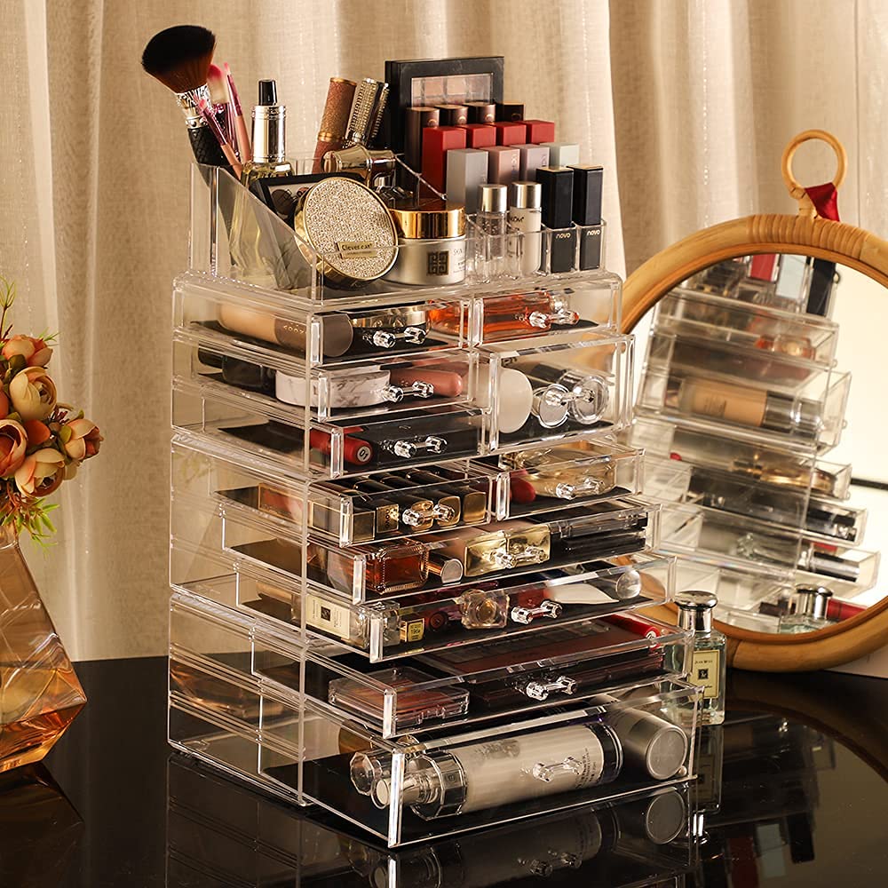 **4-Pack Clear Acrylic Skincare Organizer with 11 Stackable Drawers - Vanity Makeup & Jewelry Storage for Beauty, Hair Clips & Skincare Products - Perfect for Bedroom, Bathroom & Dressing Table Organization**