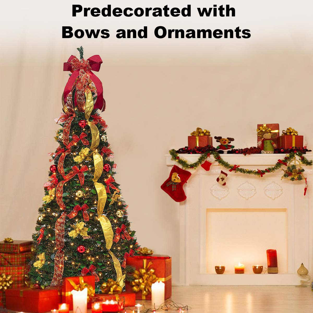 6FT Pre-Lit Pull Up Artificial Christmas Tree with LED Lights, Decorations & Remote - Red, Gold Ornaments, Bows & Ribbons | Perfect for Home, Office & Holiday Party Decor