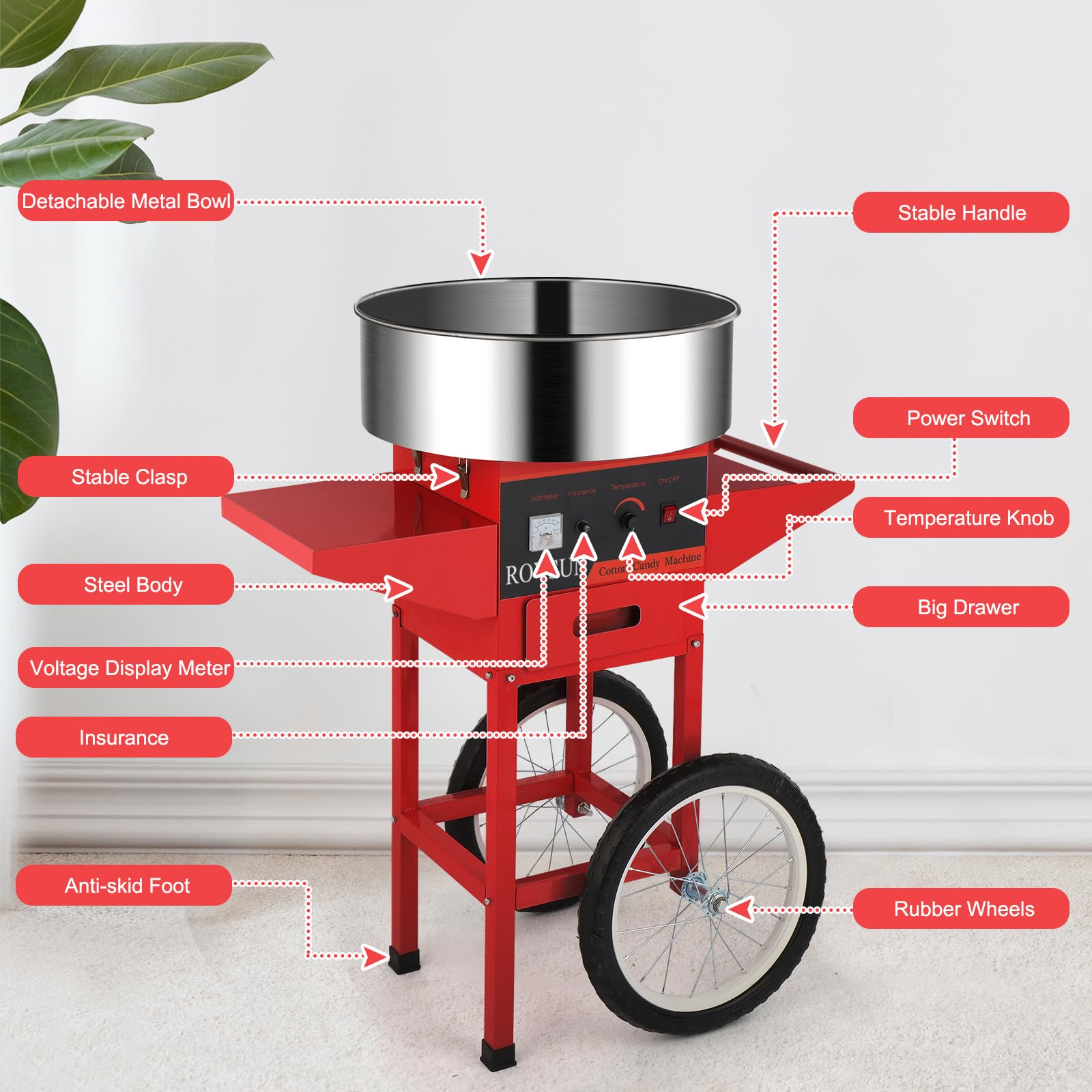 ROVSUN 21 Inch Commercial Cotton Candy Machine Cart with Stainless Steel Bowl, Sugar Scoop & Storage Drawer - Candy Floss Maker for Home, Parties, Carnivals & Events (Red) | Perfect for Birthday Celebrations, Wedding Receptions & School Fairs