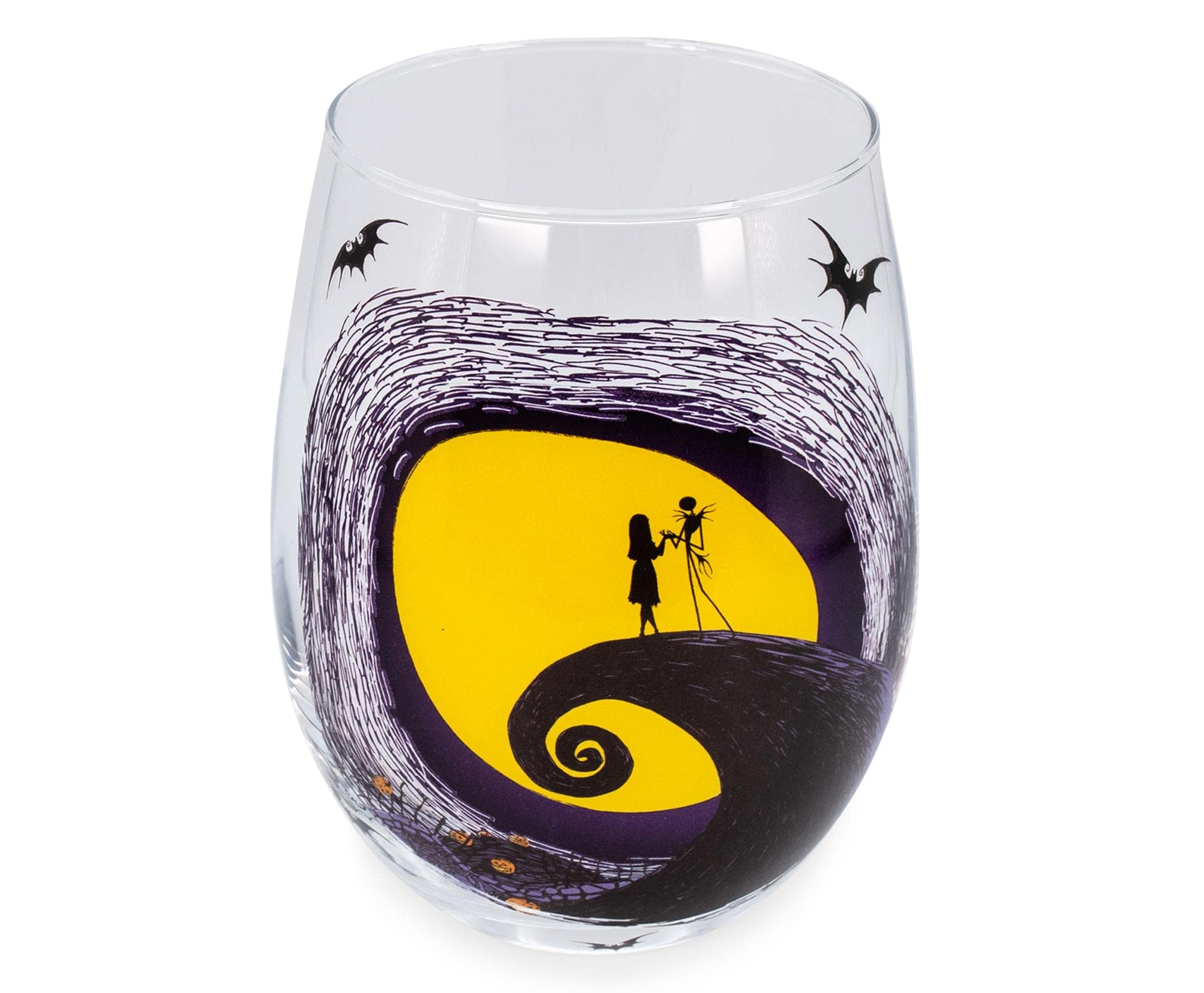 Disney The Nightmare Before Christmas Jack & Sally Spiral Hill Stemless Wine Glass - 20oz Halloween Tumbler for Mimosas, Cocktails & Home Bar Decor - Perfect for Disney Fans, Halloween Parties & Themed Home Accessories