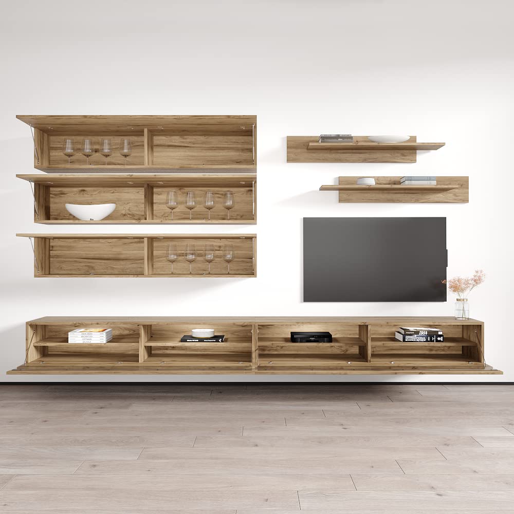 Modern Floating TV Stand with Storage & LED Lights - Wall-Mounted Entertainment Center for Bedroom & Living Room - Oak Wood TV Console with Shelves & Storage Space | Perfect for Small Spaces, Apartments & Home Theater Setups