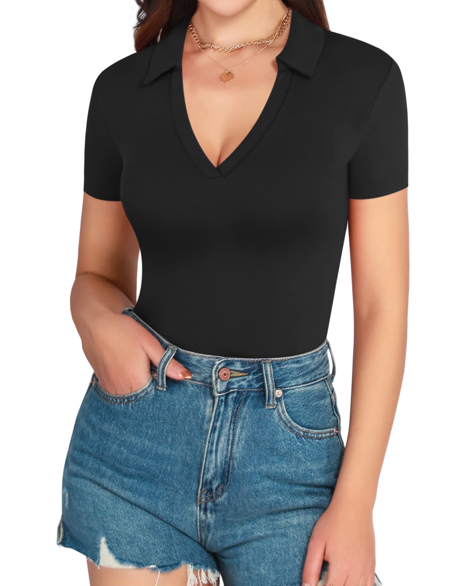 MANGOPOP Women's Long Sleeve V-Neck Collared Bodysuit - Stretchy Work Tops & Going Out Shirts for Office, Date Night & Casual Wear