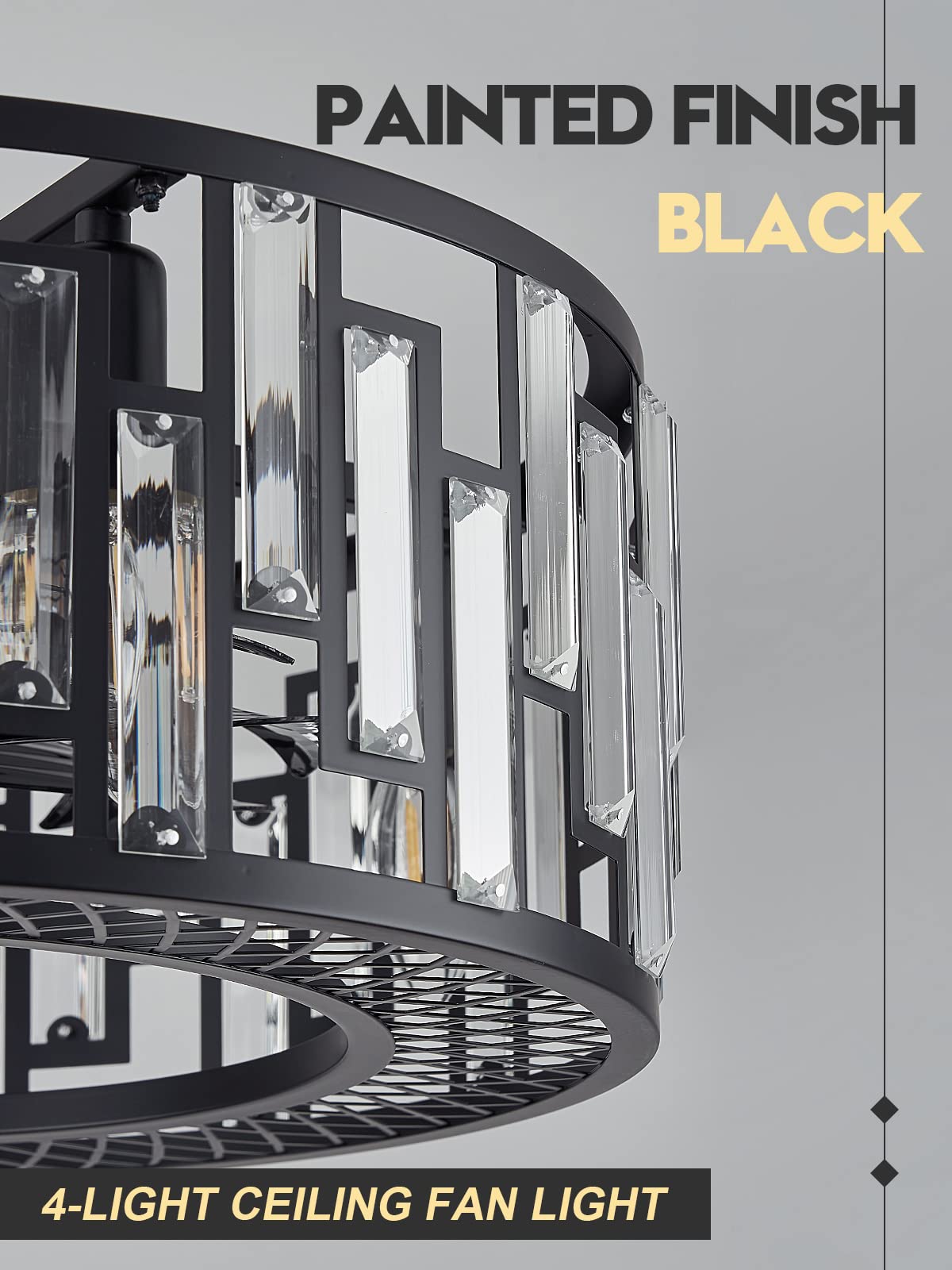 Modern Black Bladeless Ceiling Fan with Crystal Cage & Remote Control - Energy Efficient Fandelier Lighting for Bedroom, Dining Room, Kitchen & Living Room | Stylish Cooling & Decorative Home Solution