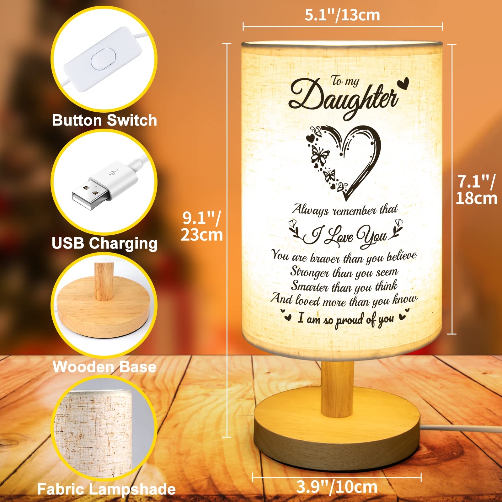 Personalized Daughter Gifts from Mom & Dad - Wooden Table Lamp with Fabric Shade | Perfect Birthday, Christmas & Graduation Gift for Bedroom, Living Room or Office Desk | Thoughtful Home Decor for Daughters