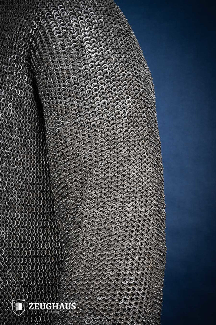 6mm Oiled Steel Flatring Riveted Chainmail Hauberk - Medieval Armor for LARP, Cosplay & Historical Reenactment