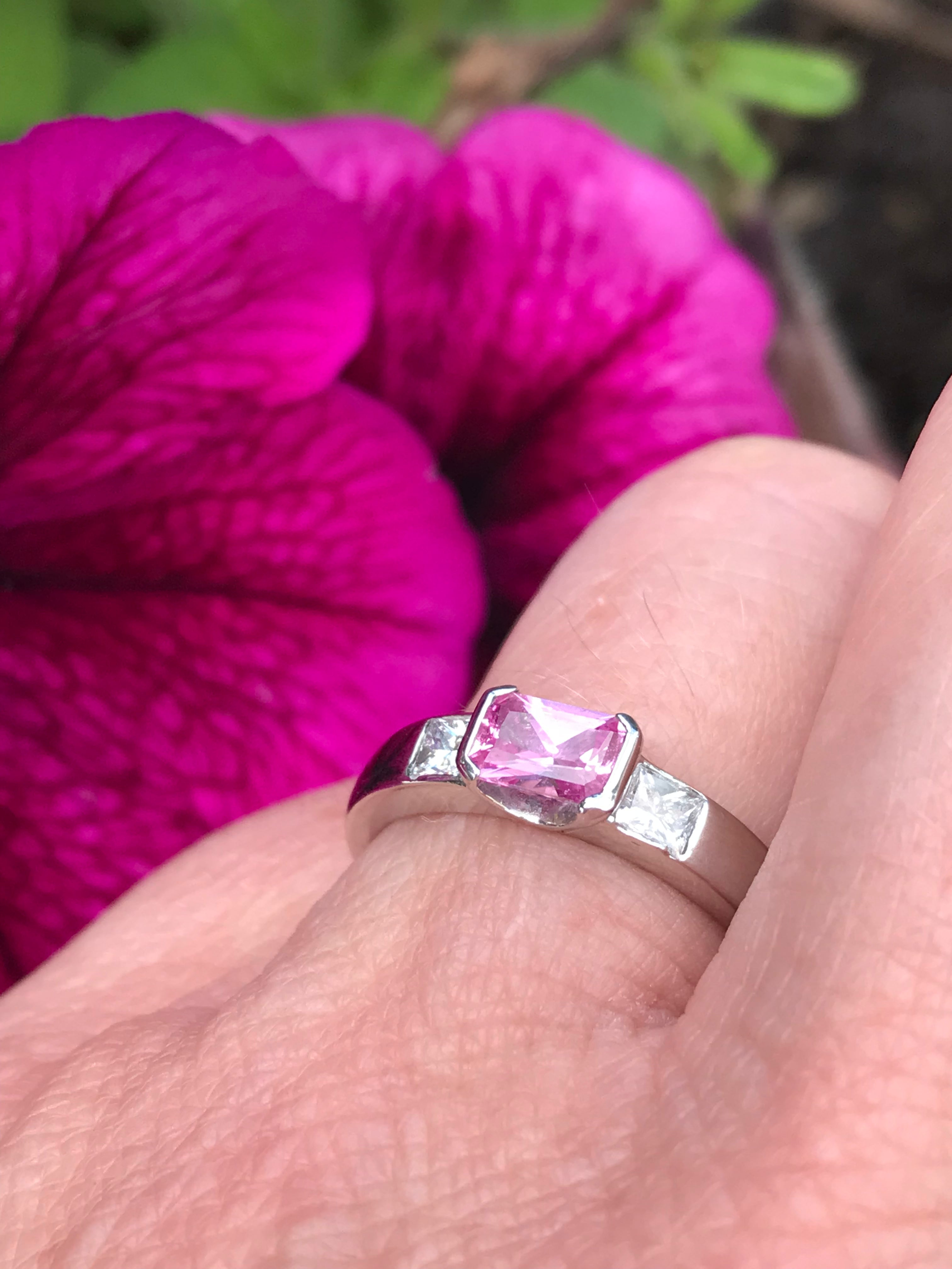 Exquisite Platinum Pink Sapphire & Diamond Trilogy Ring for Women | Elegant Engagement, Wedding, Anniversary Gift | Perfect for Proposals, Bridal Jewelry & Special Occasions