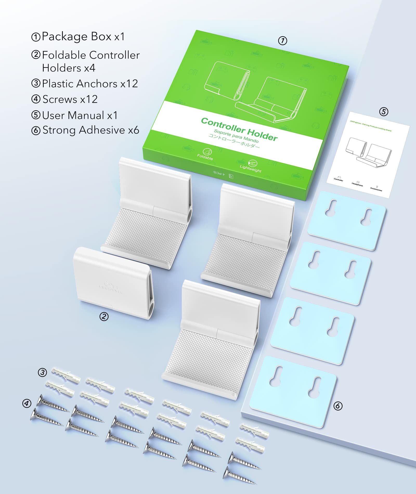 6-Pack Universal Foldable Controller Wall Mount Holder for Xbox, PS5, PS4, PS3 & Switch Pro - Strong Adhesive/Screw Mount with Anti-Slip Pad - Space-Saving Gaming Accessories (White) - Perfect for Bedroom, Game Room & Organized Gaming Setup