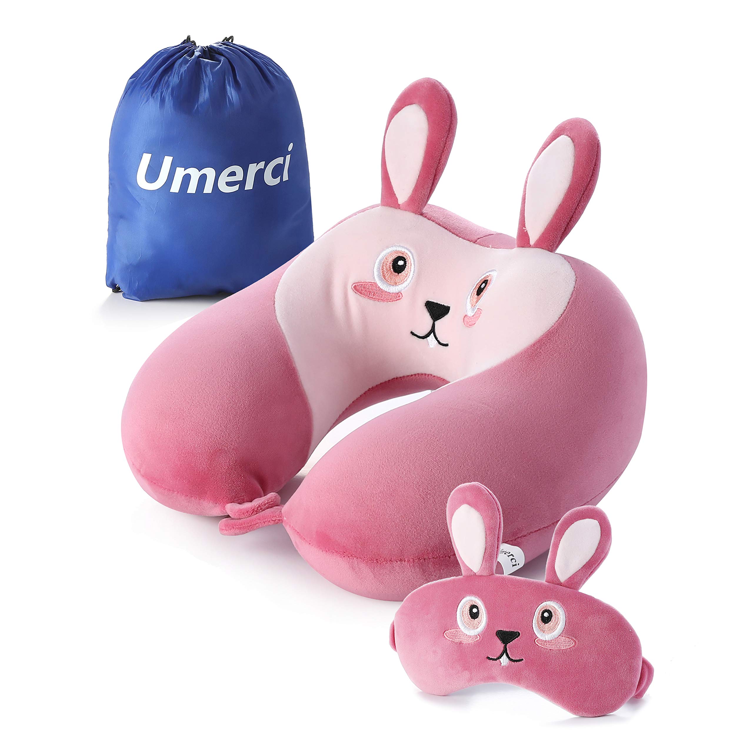 Memory Foam Travel Neck Pillow with 360° Head Support - Comfortable Airplane Sleeping Pillow for Long Flights, Road Trips & Home Use - Includes Storage Bag (Bunny Design) - Perfect for Travelers, Commuters & Office Naps