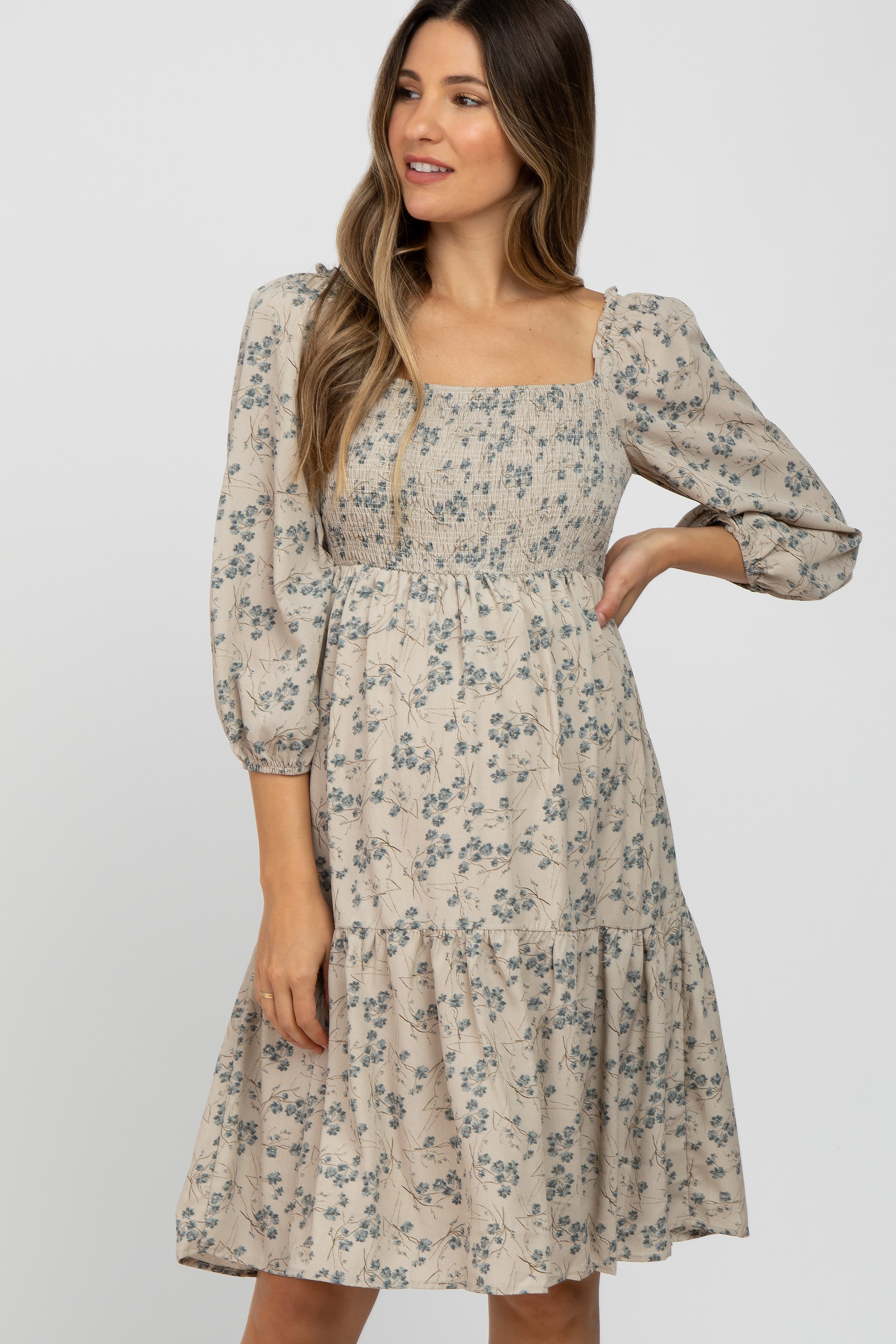 Beige Floral Tiered Maternity Dress for Women - Comfortable Pregnancy Dress with Ruffle Details - Perfect for Baby Shower, Maternity Photo Shoot & Summer Occasions