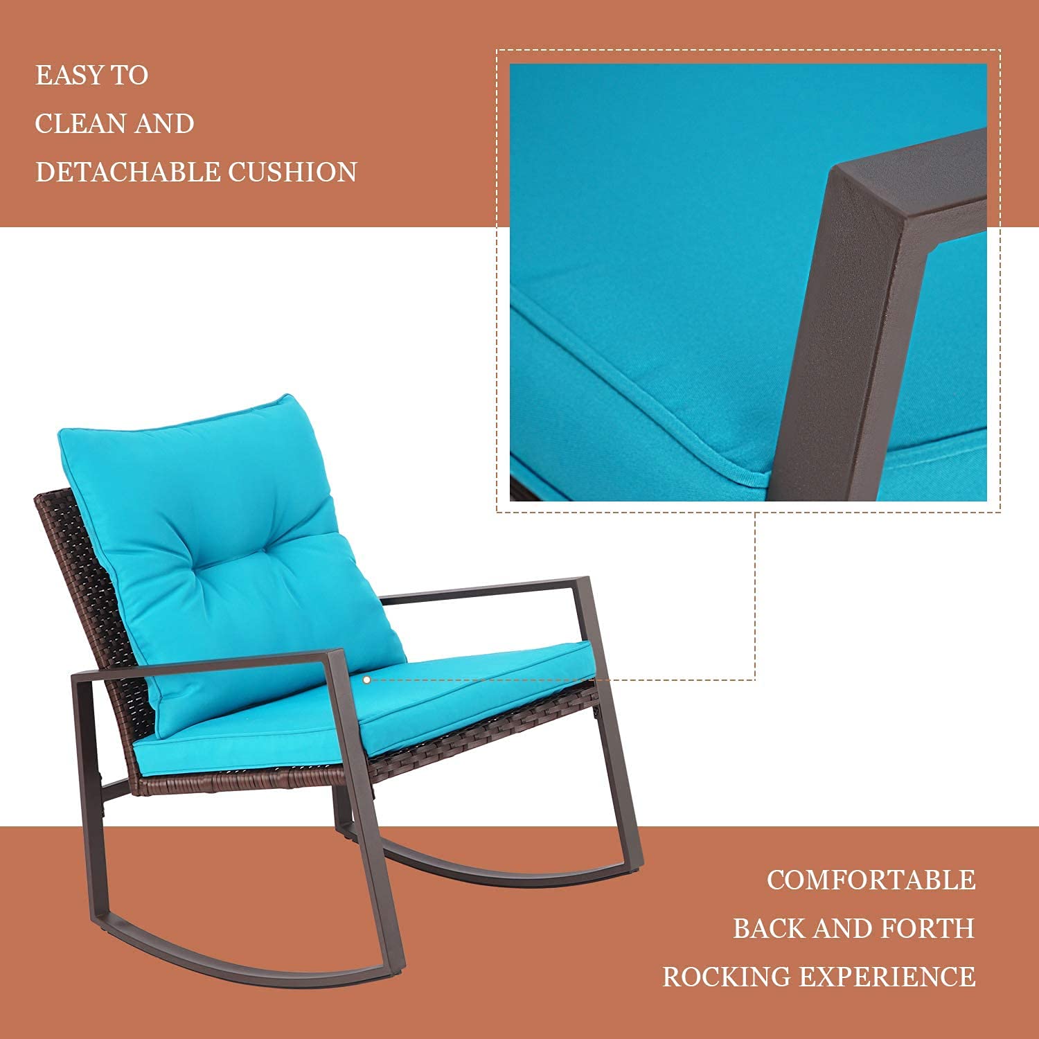 **SUNCROWN 3-Piece Patio Bistro Set - Brown Wicker Outdoor Rocking Chairs with Glass Coffee Table & Light Blue Cushions - Perfect for Porch, Garden, or Backyard Relaxation**