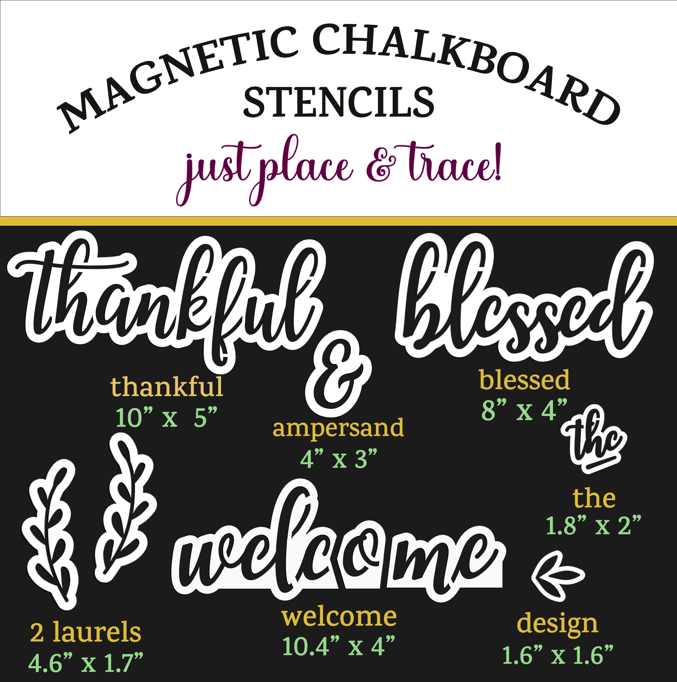 Reusable Magnetic Chalkboard Stencils Set - Cursive Calligraphy Stencils for Thankful, Blessed, Welcome Signs - Perfect for DIY Chalkboard Art, Wedding Decor, and Coffee Shop Menu Boards