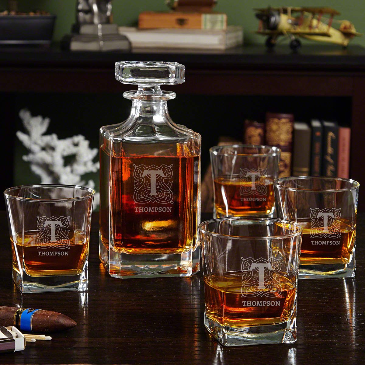 Personalized Whiskey Decanter Set with Engraved Decanter & 4 Square Rocks Glasses - Custom Monogram Gift for Men | Perfect for Home Bars, Weddings & Anniversary Presents