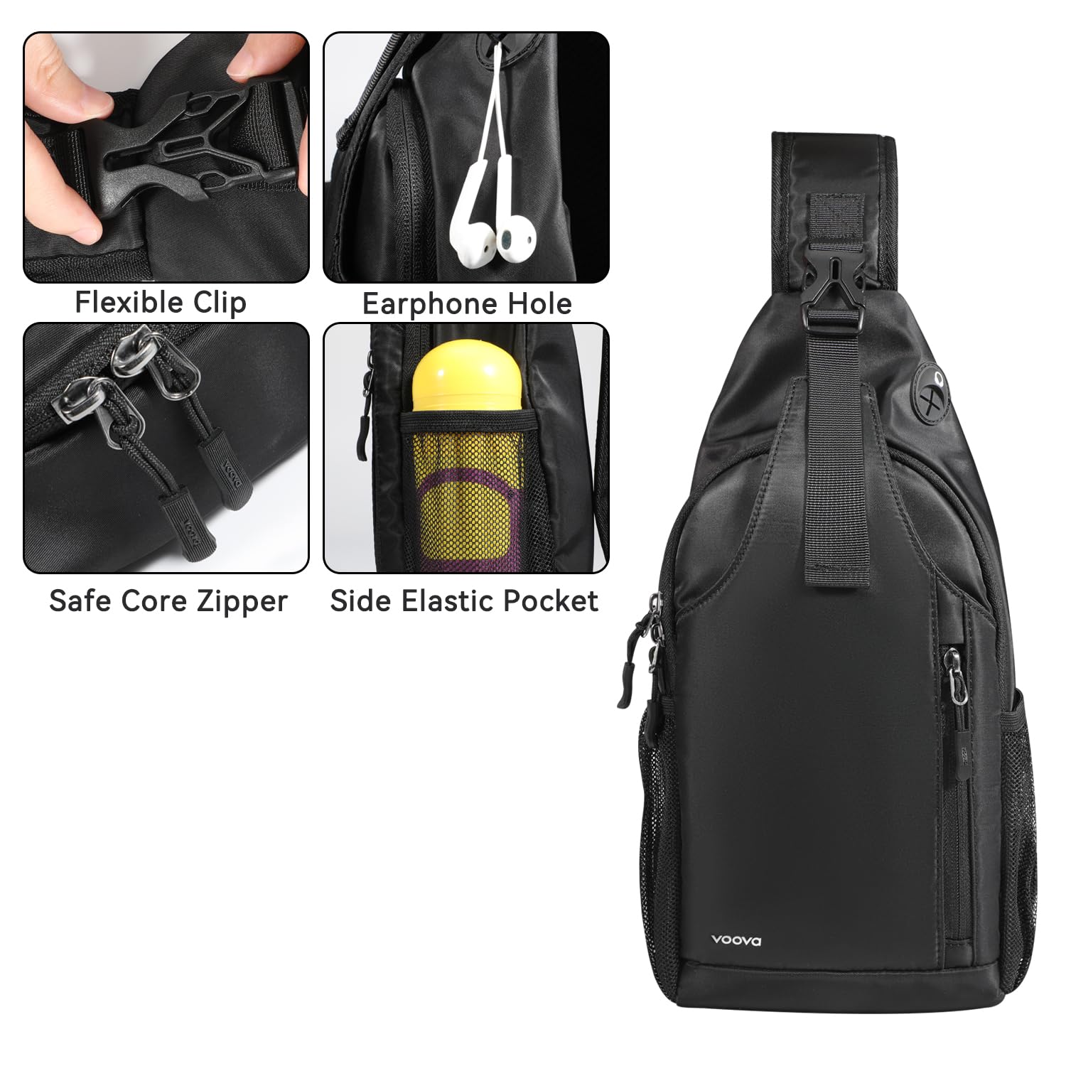 Voova Sling Bag Crossbody Backpack for Men & Women - Waterproof Chest Shoulder Bag for Travel, Hiking & Daily Use - Compact Lightweight Daypack (Black) | Perfect for Outdoor Adventures, Commuting & Casual Wear