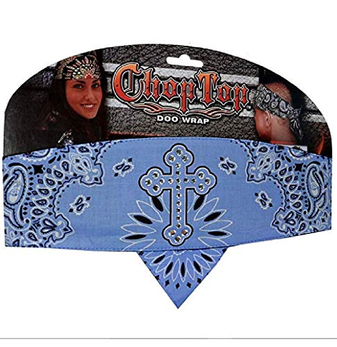 Stylish Sky Light Blue Cross Paisley Rhinestone Headband - Adjustable Biker Bandana with Sweatband for Women | Perfect for Motorcycle Riding, Concerts & Fashion Accessories