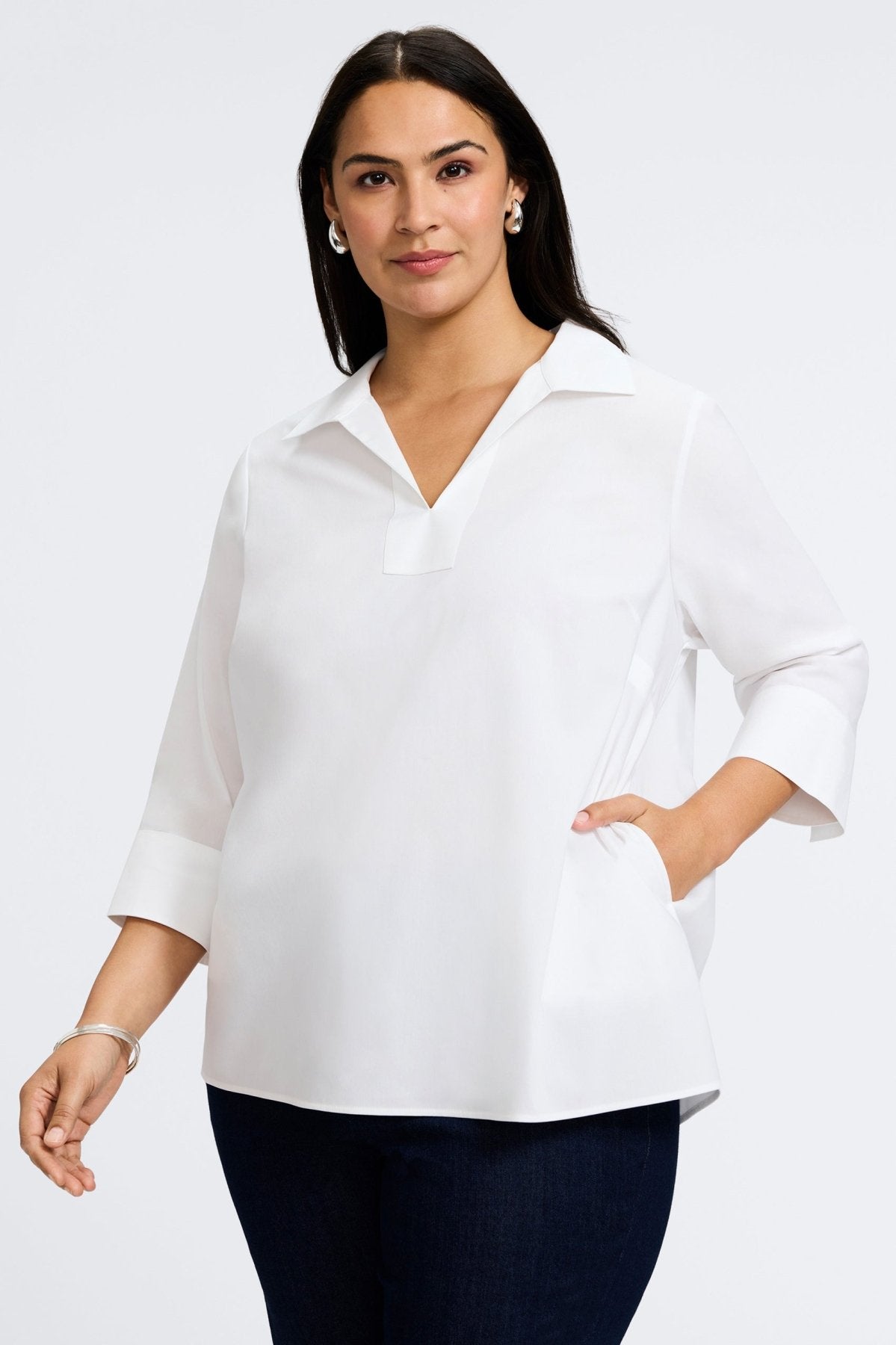 Julia Plus No Iron Stretch Cotton 3/4 Sleeve Popover Shirt for Women - Wrinkle-Free Comfort Top for Office & Casual Wear