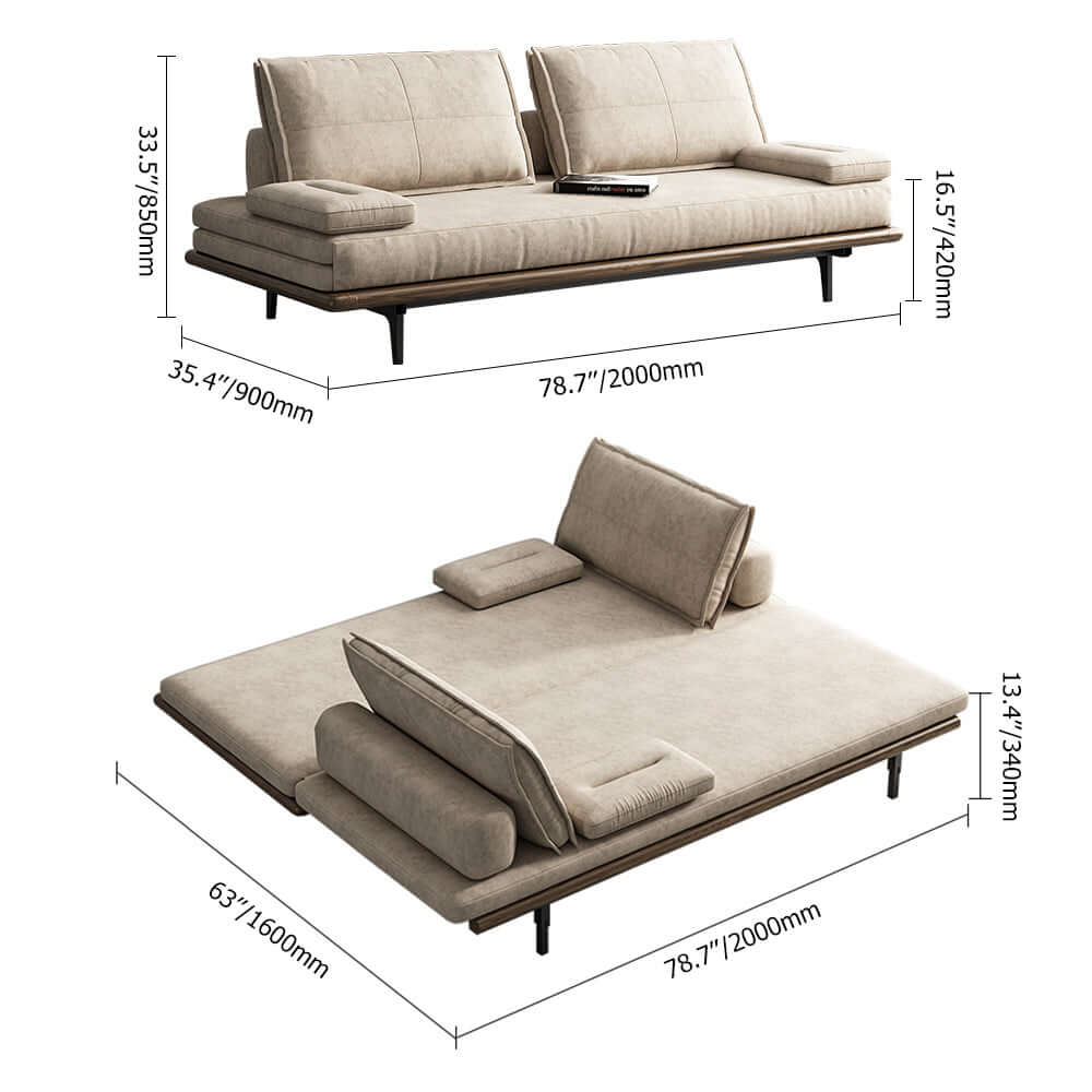 MidCentury Modern Pull Out Sofa Bed - Convertible Sleeper Sofa with Khaki Wood Frame in Cotton & Linen Fabric | Perfect for Small Spaces, Guest Rooms & Apartments