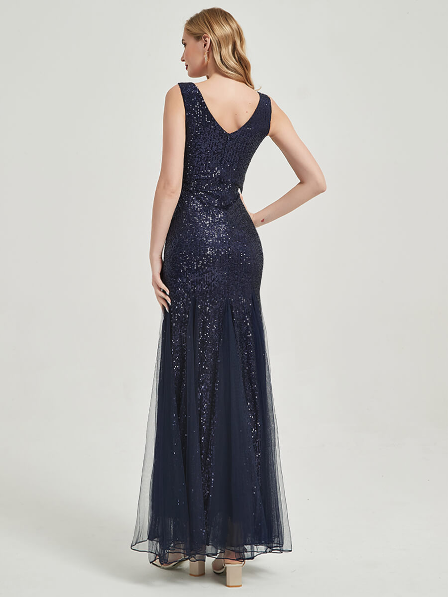 Elegant Dark Navy Sequin Tulle V-Neck Sleeveless Maxi Mermaid Evening Dress for Prom, Wedding & Formal Events | Plus Size Available