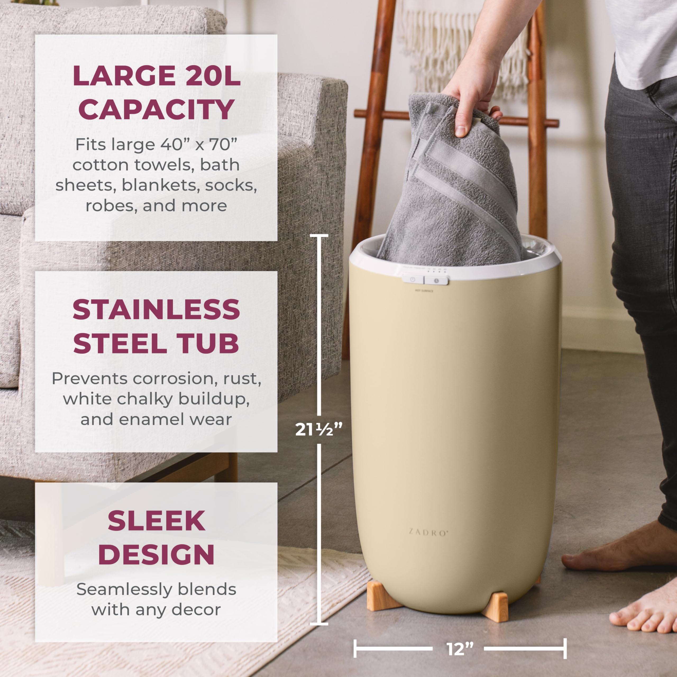 Zadro Large Aromatherapy Towel Warmer Bucket with Essential Oil Wood Disk | Stainless Steel Spa & Bathroom Towel Heater | Auto Shut Off | Holds 2 Large Towels, Blankets, Bathrobes & PJs | Perfect for Home Spa, Relaxation & Luxury Bath Experience