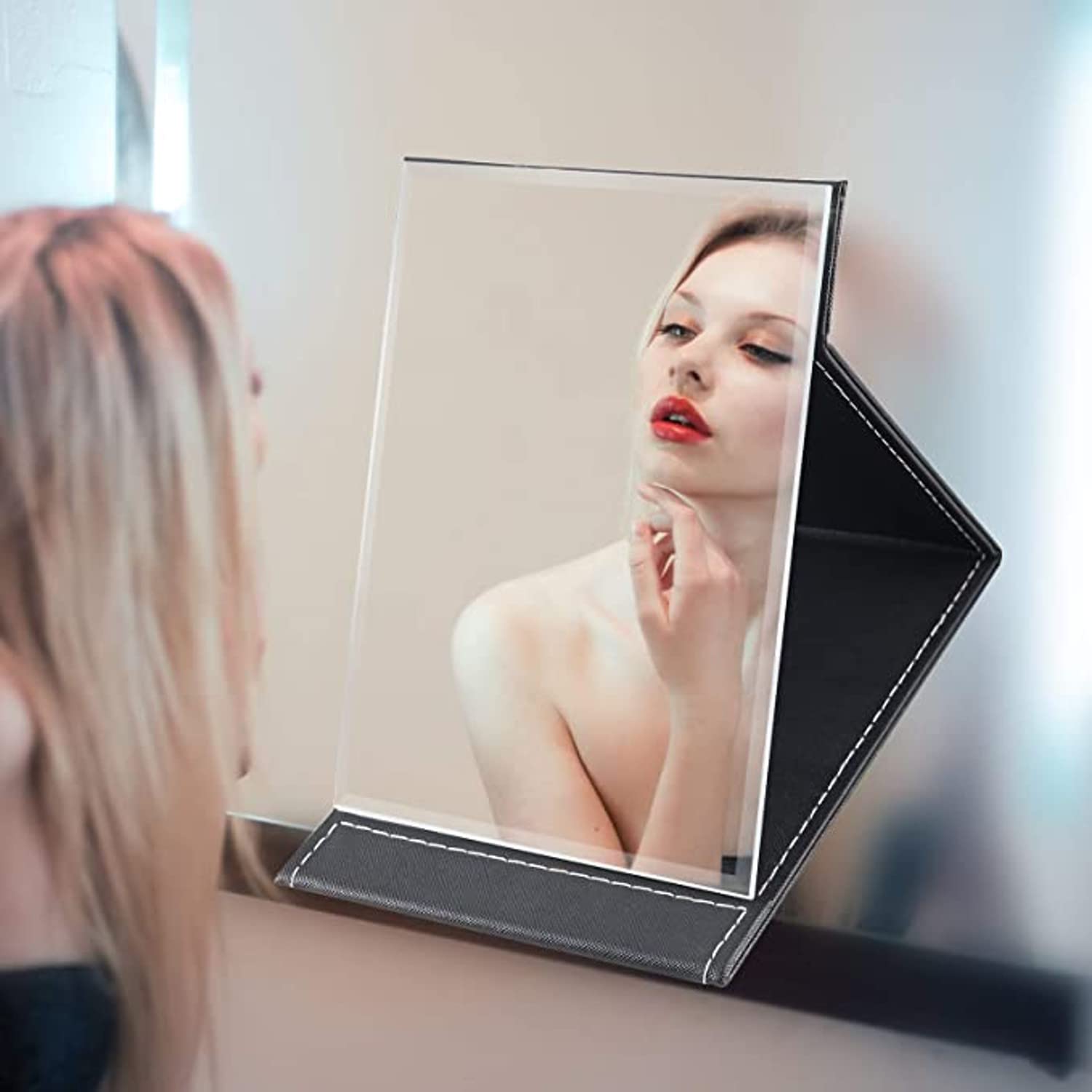 ARQIVO Folding PU Leather Makeup Mirror - Portable Desktop Mirror with Stand, Compact Travel Mirror for Home & Office, Simple Black Design - Perfect for Makeup, Skincare & Travel (1 Pack)