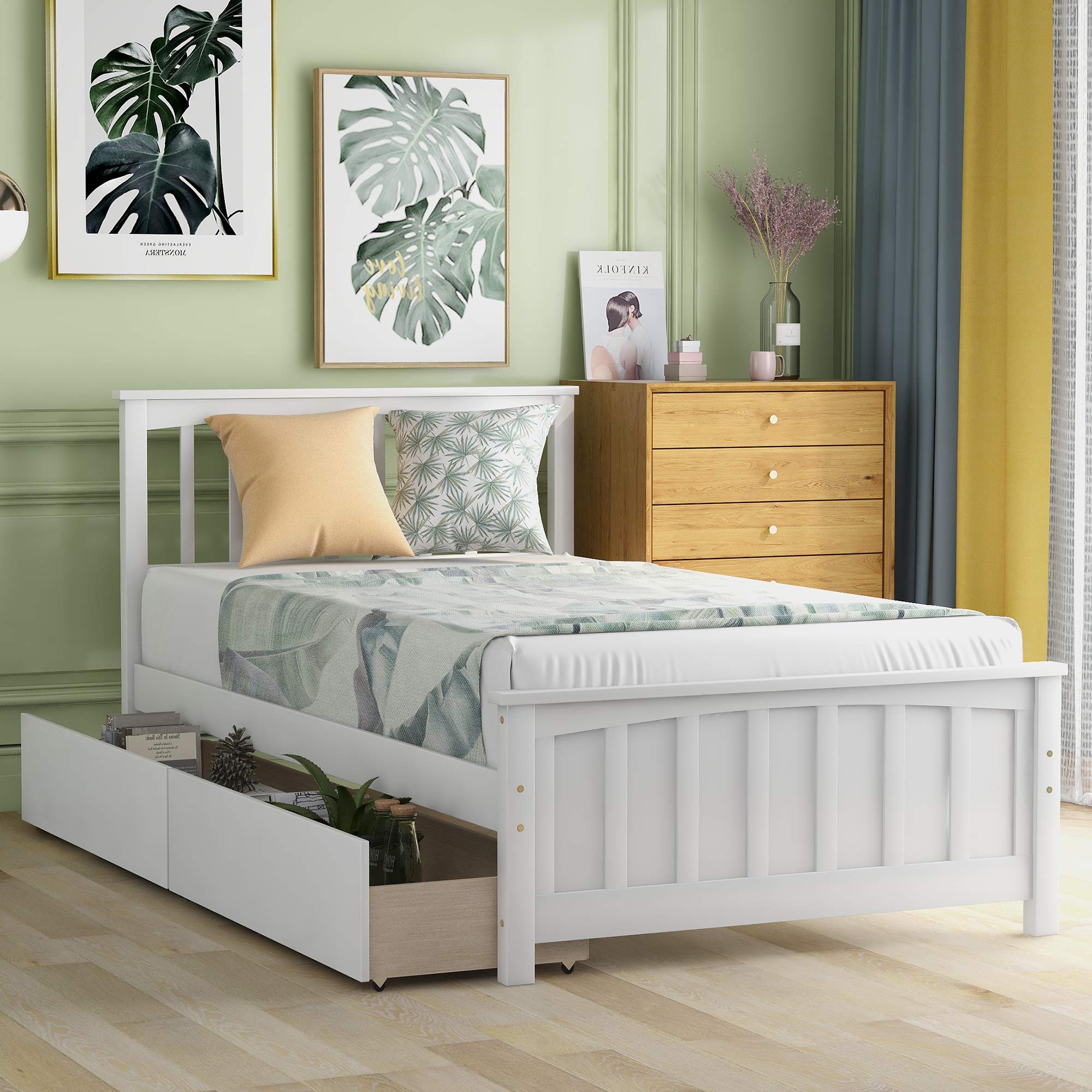 Twin Size Wooden Bed Frame with Storage Drawers, Headboard & Footboard - Sturdy Platform Bed for Kids, Teens & Adults - Perfect for Small Bedrooms, Guest Rooms & Dormitories (White)