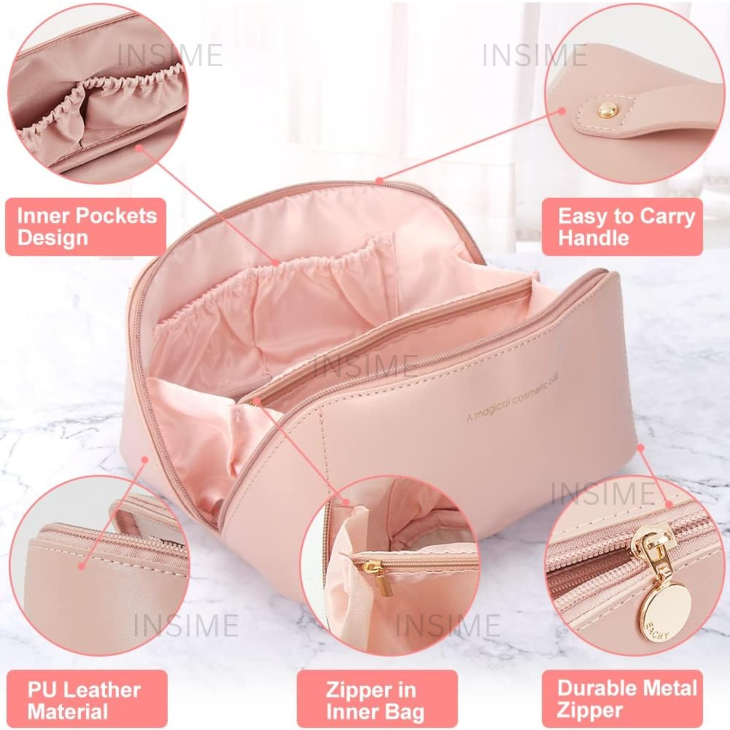 INSIME Large Travel Makeup Organizer Cosmetic Bag for Women - PU Leather Portable Makeup Pouch | Waterproof Cosmetic Case for Toiletries & Beauty Essentials | Perfect for Travel, Gym, and Daily Use