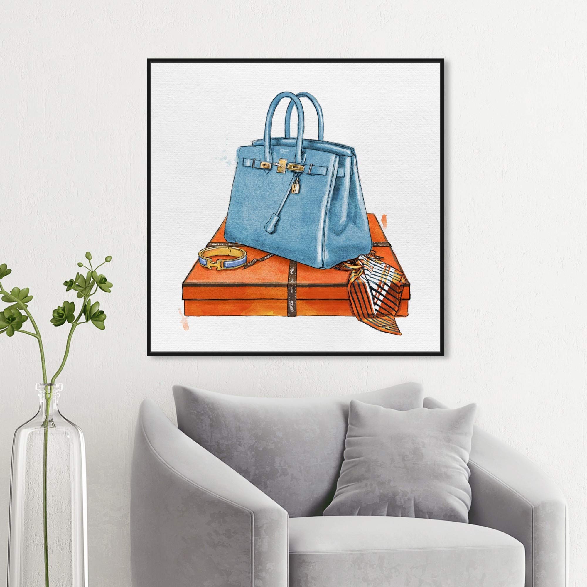 Oliver Gal Artist Co. 'My Bag Collection III' Fashion Wall Art - 30x30 Inch Framed Canvas Print in Blue & Orange - Handbag Decor for Living Room, Bedroom & Office