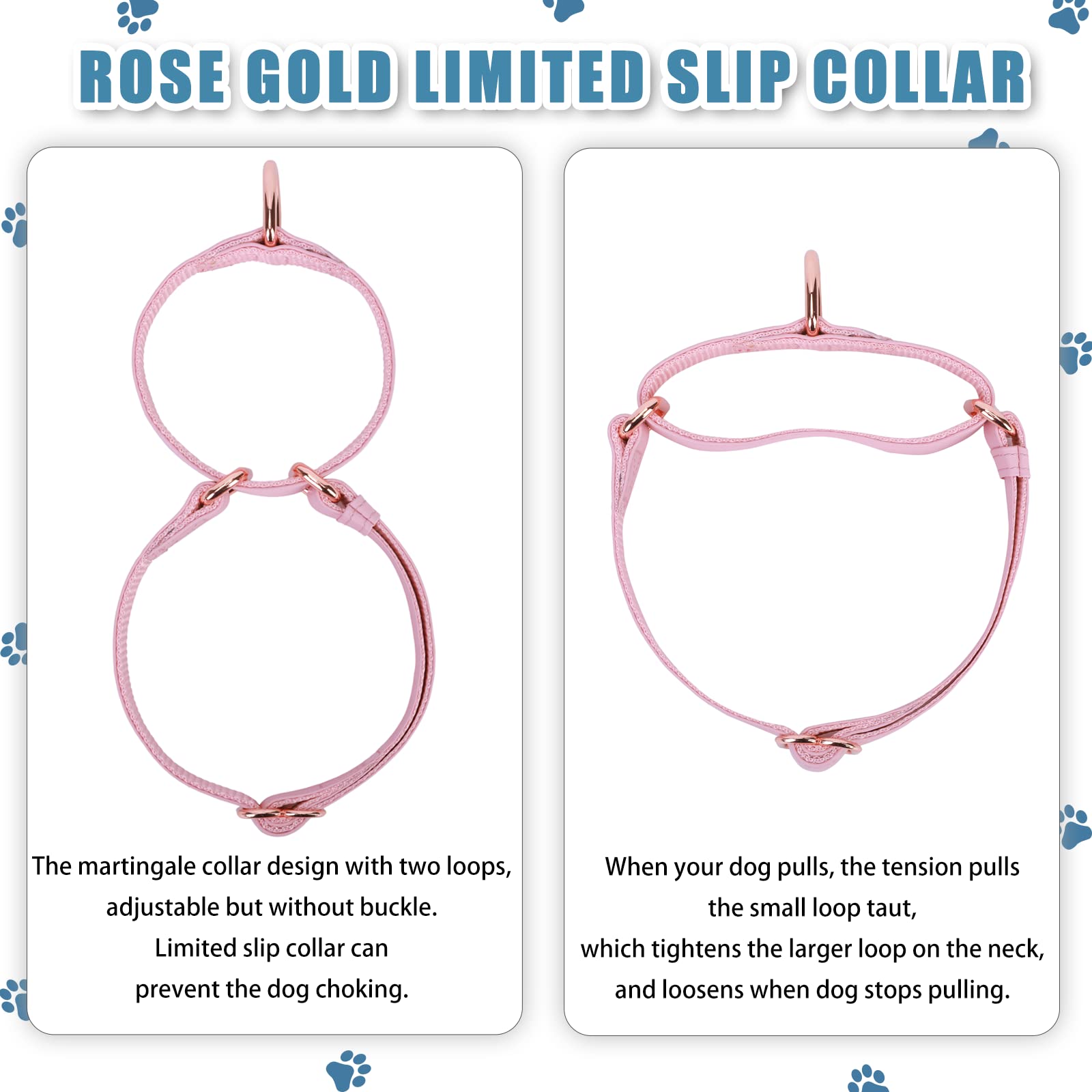Premium Soft Leather Martingale Dog Collar - Adjustable Rose Gold Slip Collar for Small Medium Large Dogs | Durable No-Pull Training Collar with Stylish Design | Easy to Clean & Comfortable for Daily Walks, Training & Outdoor Adventures