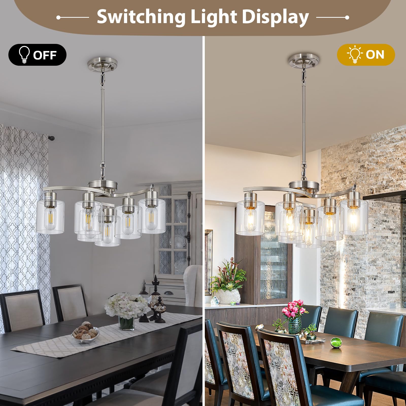 Modern Farmhouse 6-Light Brushed Nickel Chandelier with Clear Glass Shade - Elegant Dining Room Hanging Light, Perfect for Bedroom, Living Room, Kitchen, Hallway & Foyer | Rustic Ceiling Lighting Fixture for Home Decor