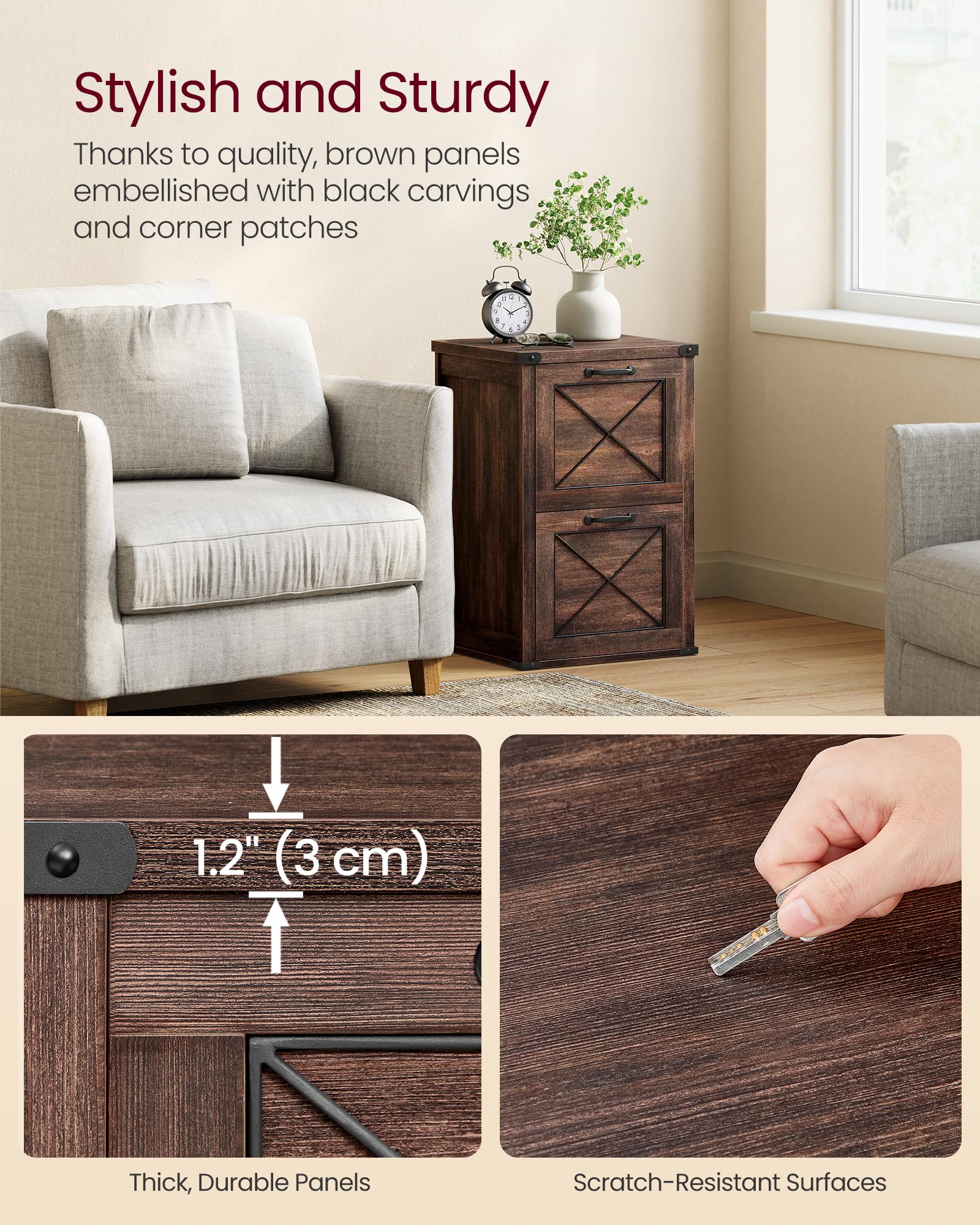 VASAGLE 2-Drawer File Cabinet with Printer Stand - A4 & Letter Size, Hanging File Folders, Modern Farmhouse Style Home Office Furniture, Maroon Brown UOFC048K01 | Perfect for Organizing Documents in Small Spaces, Home Offices & Workstations