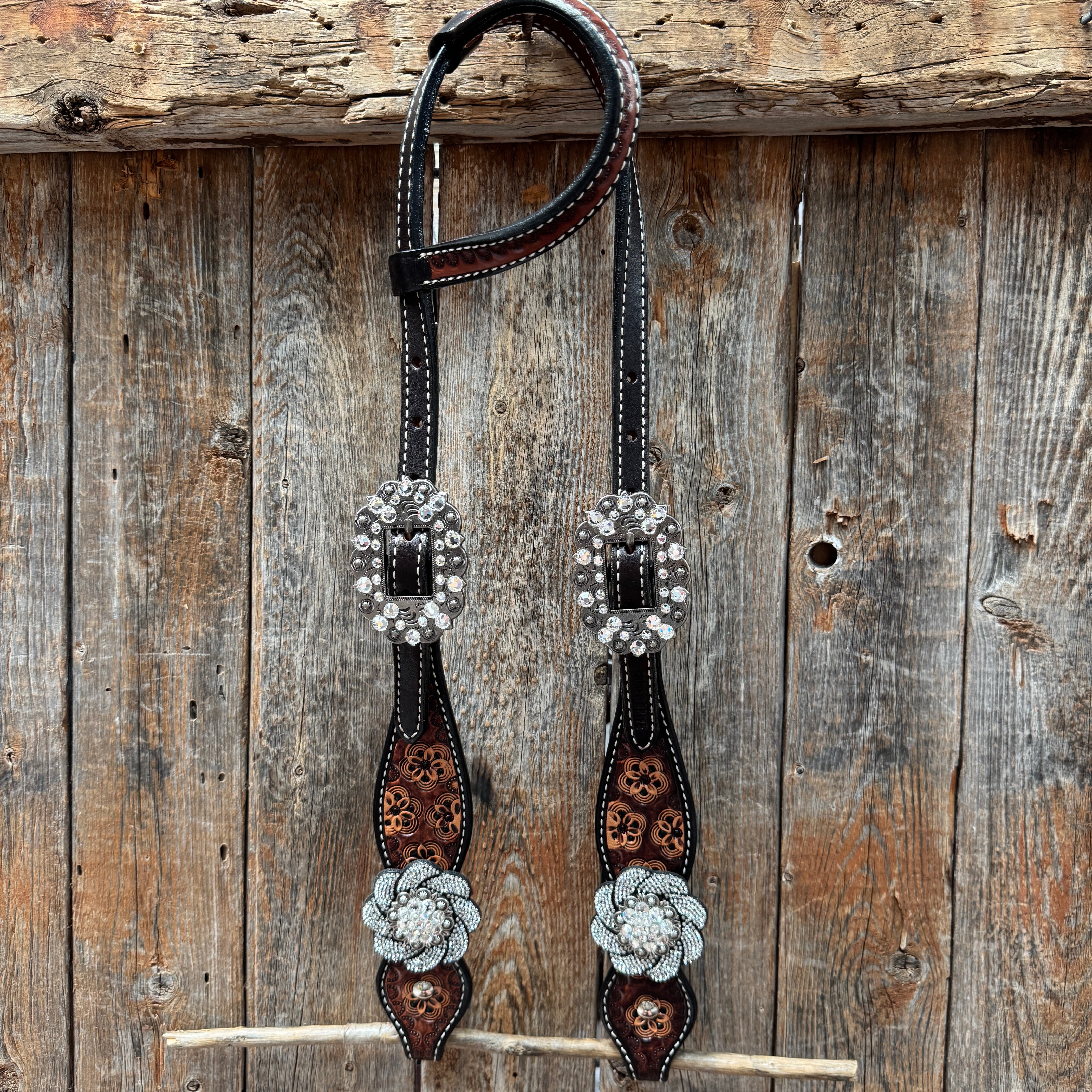 Flower Power Black & Clear One Ear Headstall & Breastcollar Horse Tack Set OEBC656 - Perfect for Western Riding, Show Competitions & Trail Riding