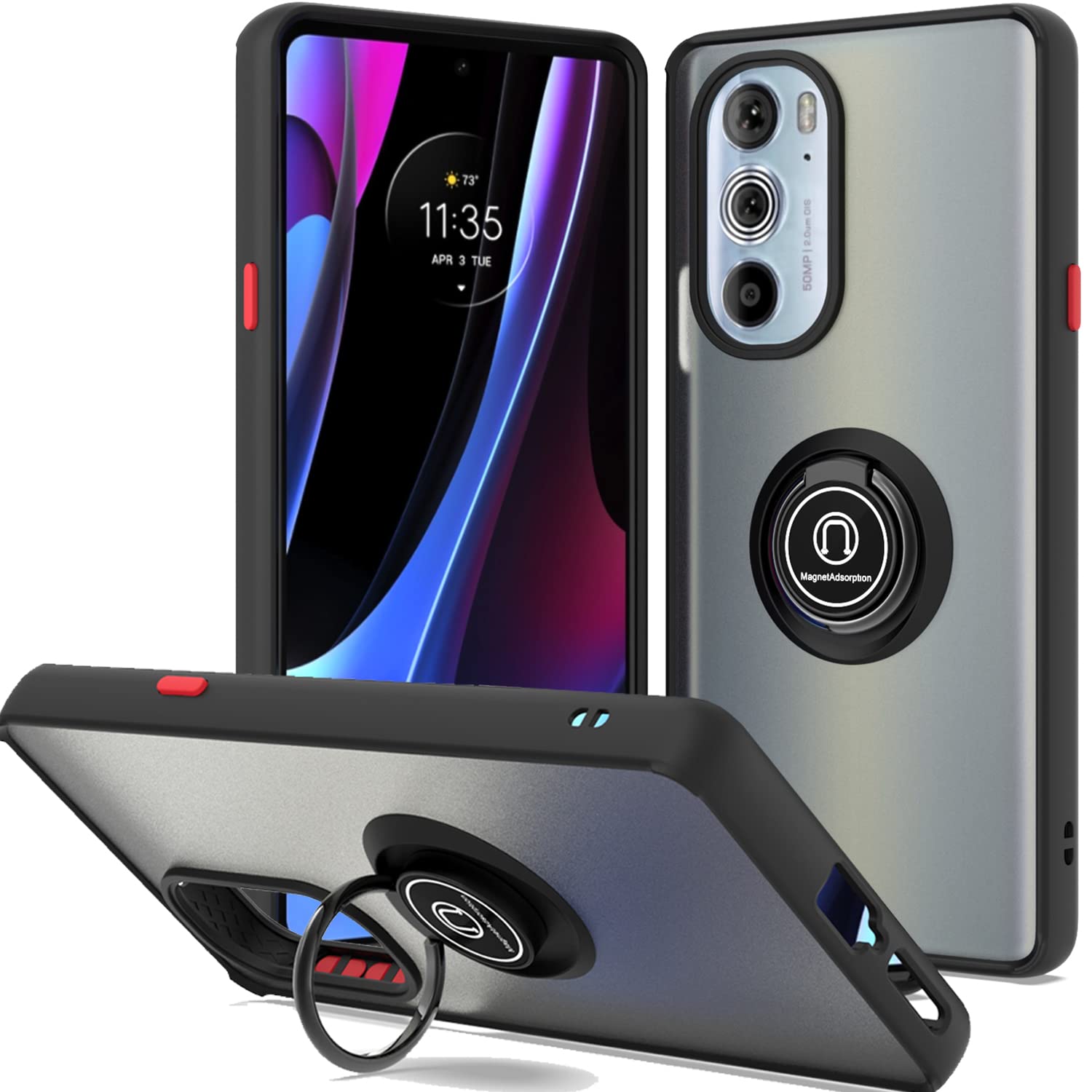 CoverON Magnetic Ring Phone Case for Motorola Edge+ Plus 2022 / Moto Edge 30 Pro / Edge X30 - Clear Hard Back with Rubber Grip, Wireless Charging Compatible, Perfect for Car Mount & Daily Use - Black
