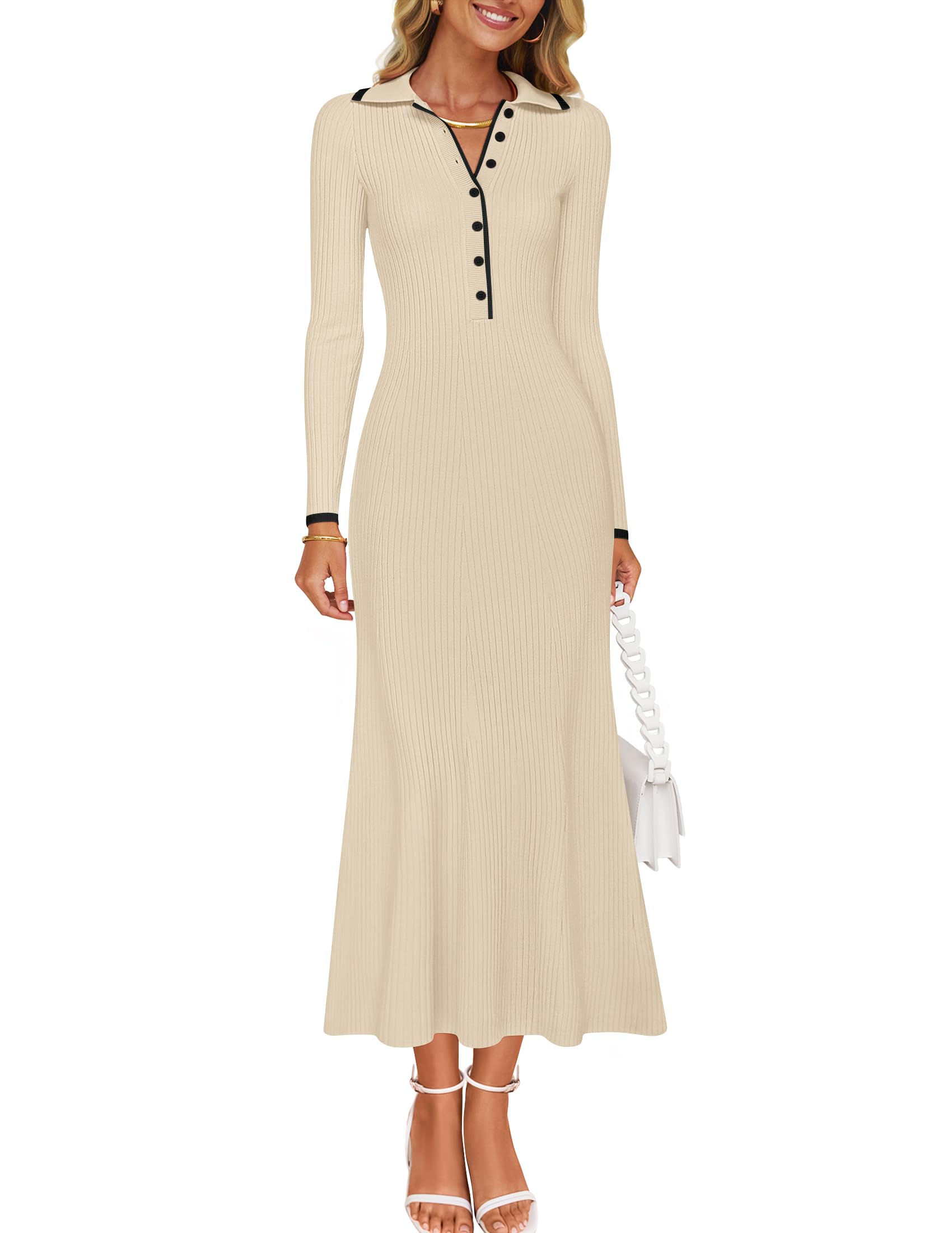 ZESICA Women's Long Sleeve Sweater Dress - V Neck Ribbed Knit Bodycon Maxi Dress for Spring 2025 | Casual, Formal & Cocktail Party Wear | Perfect for Office, Date Night and Special Occasions