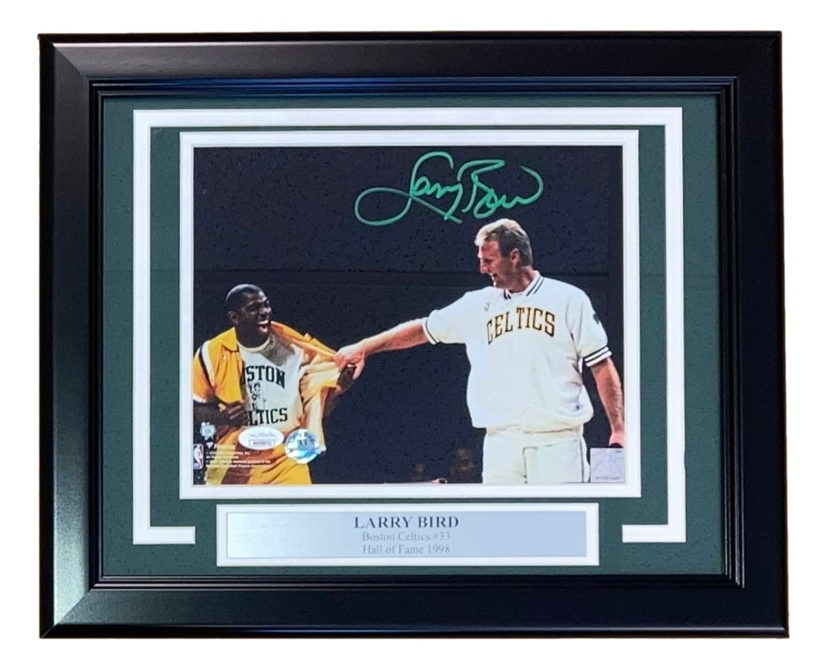Larry Bird Autographed Framed 8x10 Photo with Celtics Jersey - Signed Memorabilia with Magic Johnson & JSA COA - Perfect for Sports Collectors and Celtics Fans Display