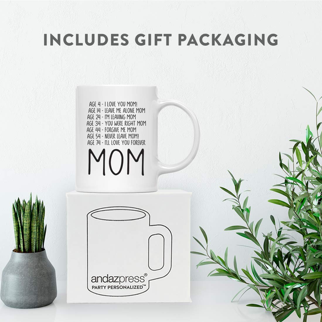 11oz Ceramic Coffee Tea Mug for Mom - 'I'll Love You Forever' Mother's Day, Birthday & Christmas Gift - Andaz Press Ages and Moods Collection (1-Pack) - Perfect for Morning Coffee, Afternoon Tea & Heartwarming Gifts