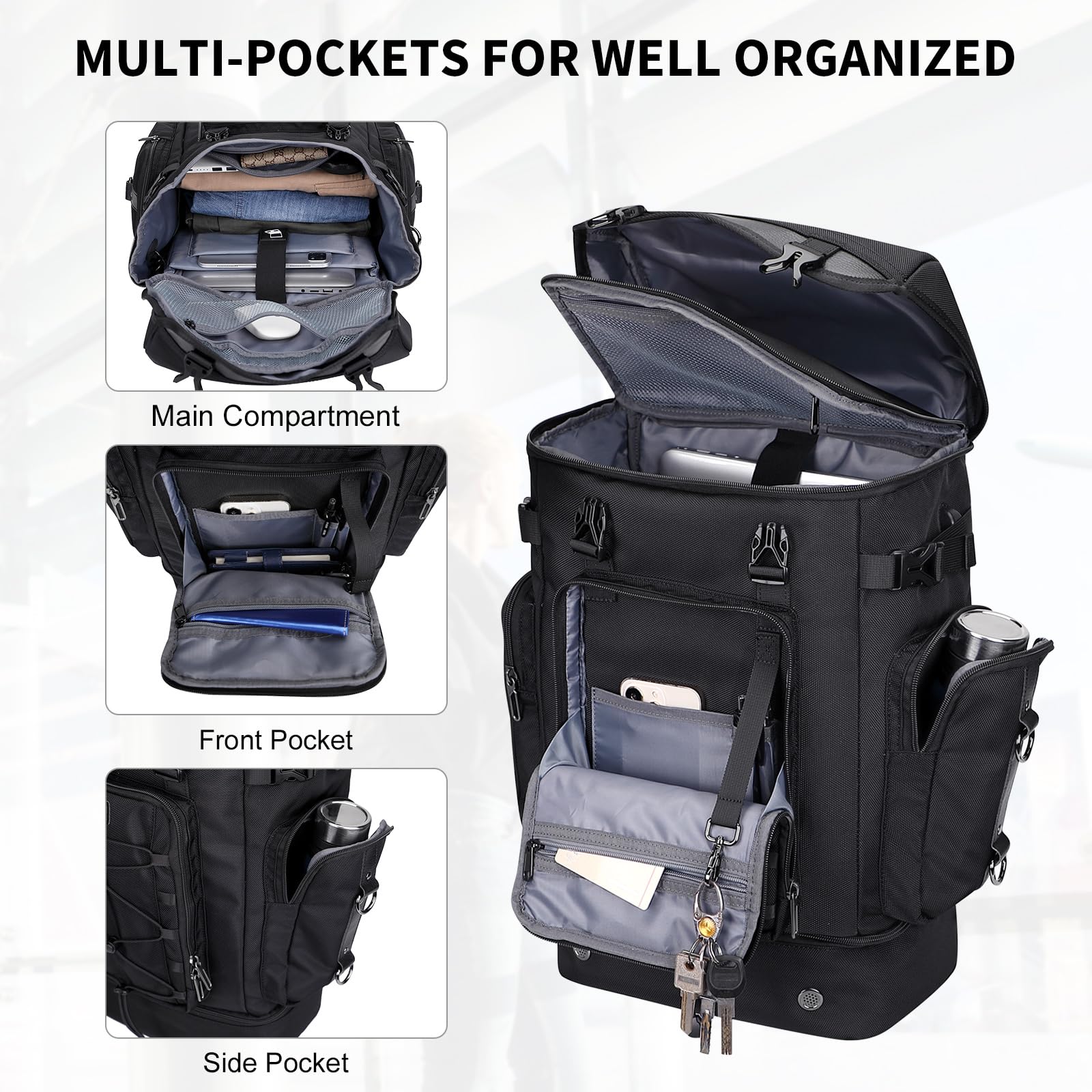 WITZMAN Classic Black Travel Backpack for Men & Women - Airline Approved Carry On Backpack with Shoe Compartment | Convertible Duffle Luggage for Business Trips, Weekend Getaways & Gym Use (Model B691)