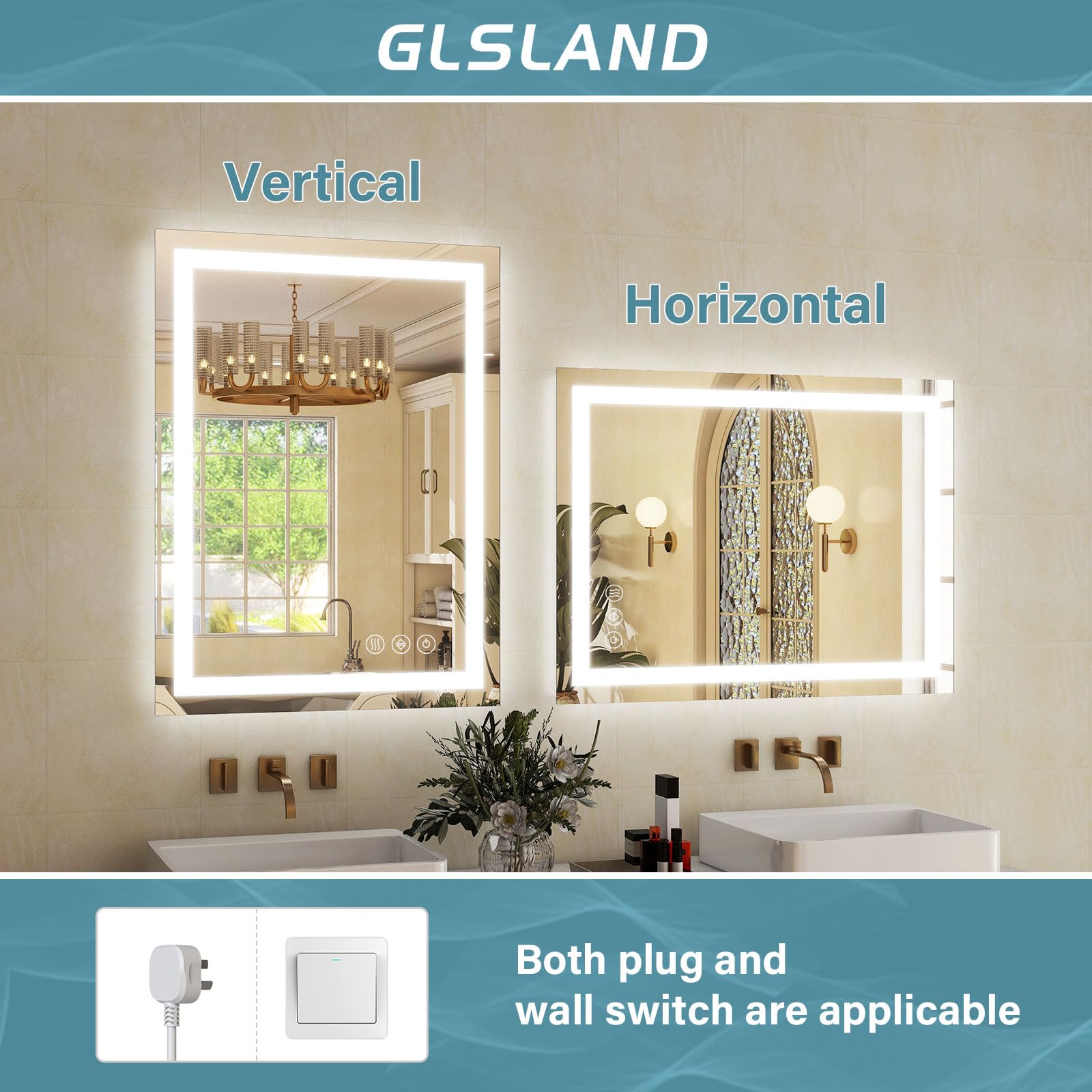 GLSLAND 24x32 Inch LED Bathroom Mirror with Anti-Fog, Dimmable Warm & Cool Light, Horizontal/Vertical Mounting - Perfect for Vanity, Makeup, and Modern Bathroom Decor