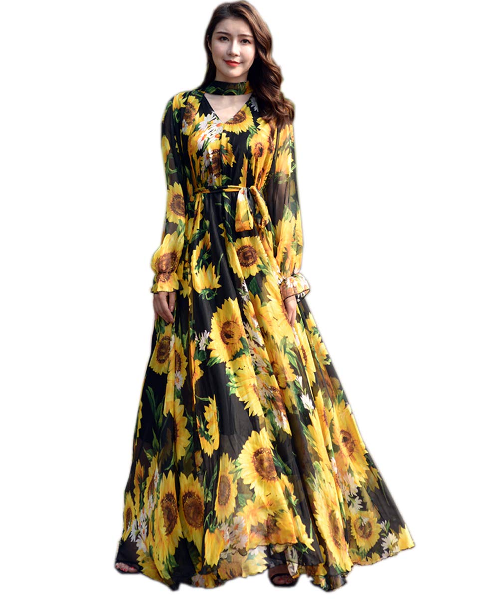 MedeShe Women's Floral Chiffon Maxi Dress - Elegant Summer Beach Sundress for Bridesmaid, Vacation & Holiday Wear | Perfect for Beach Parties, Weddings & Tropical Getaways