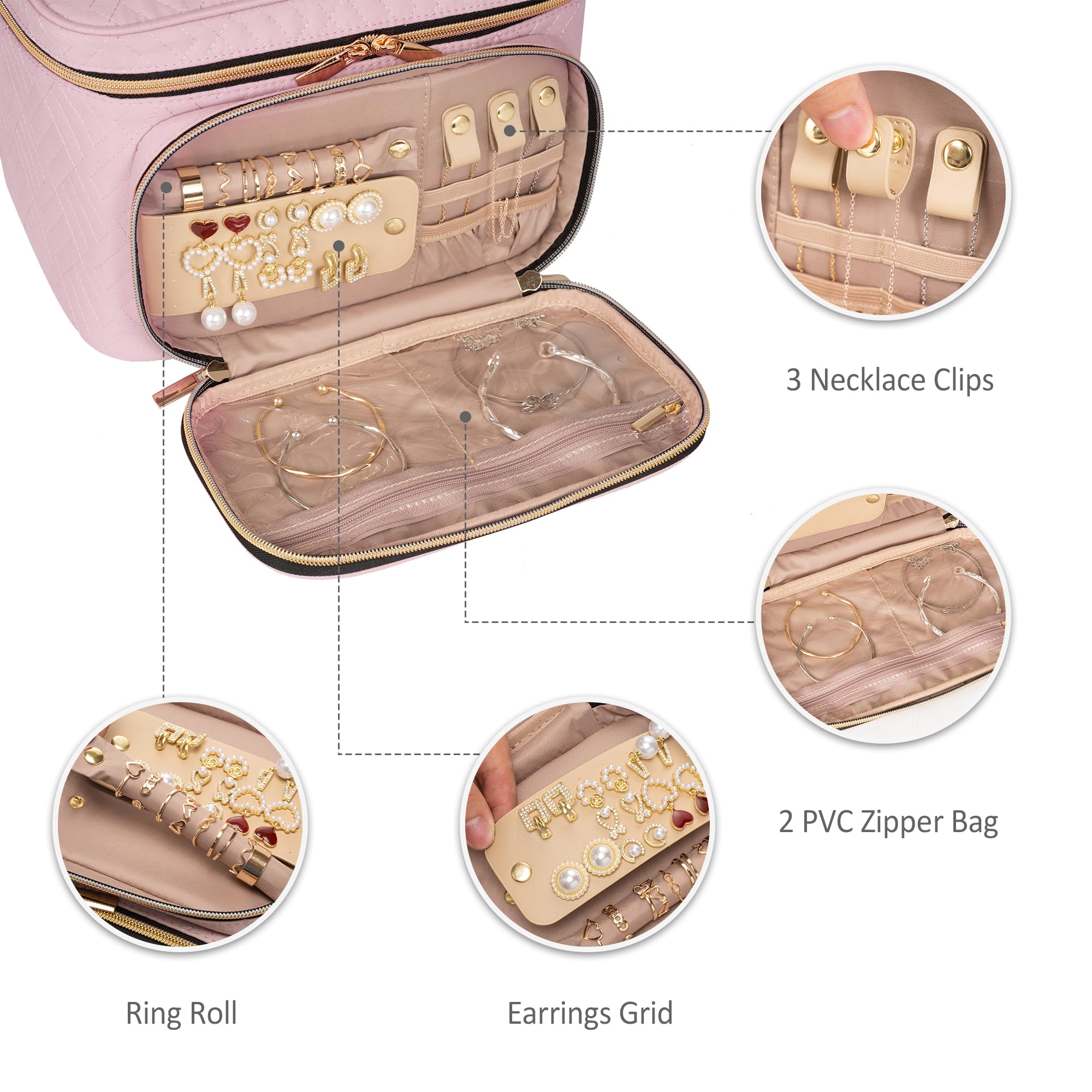 Waterproof Travel Cosmetic Organizer Bag - Large Makeup Case with Jewelry Storage | Pink Toiletry Box for Cosmetics, Brushes & Tools | Perfect for Vacation, Gym & Business Trips