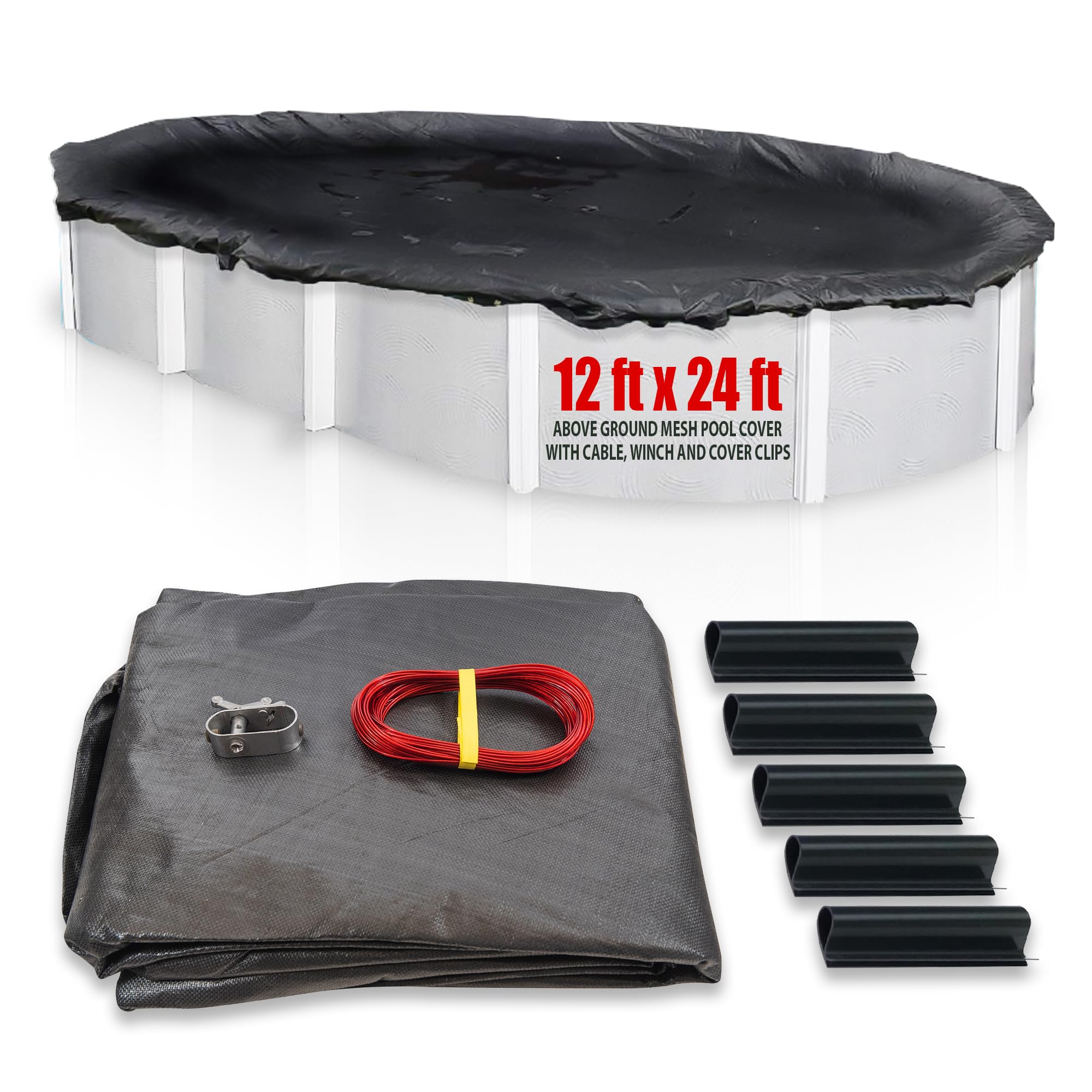 SET SunSolar Energy Technologies - 12x24 Foot Oval Above Ground Winter Pool Cover with Sturdy Cable & Winch - Heavy Duty Mesh Swimming Pool Cover for Freeze Protection - Includes Cover Clips - 8 Year Warranty - Perfect for Winterizing and Protecting Your Pool from Debris, Leaves, and Snow