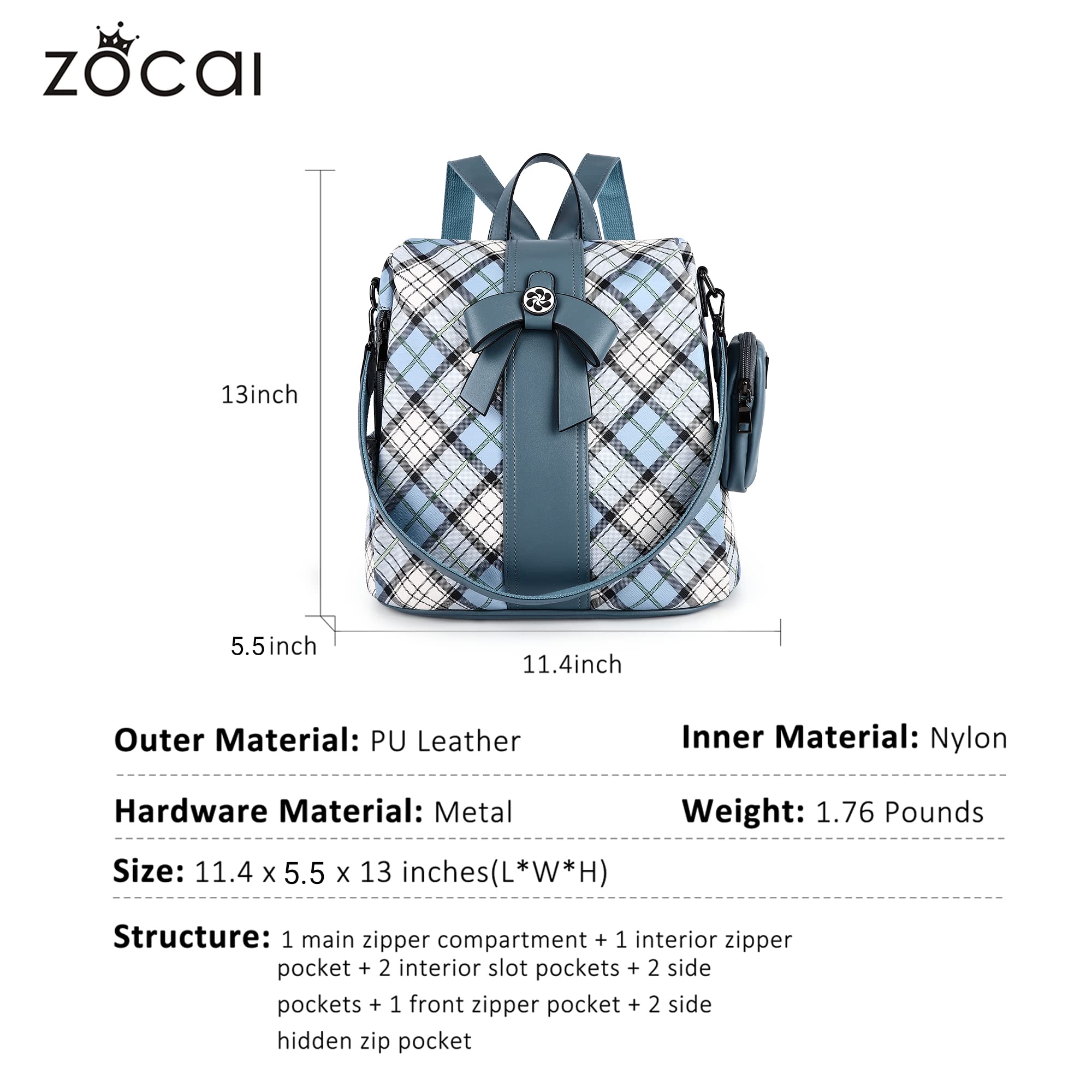 ZOCAI Women's Fashion Backpack Purse - PU Leather Anti-Theft Shoulder Bag & Satchel Daypack for Work, Travel & Daily Use
