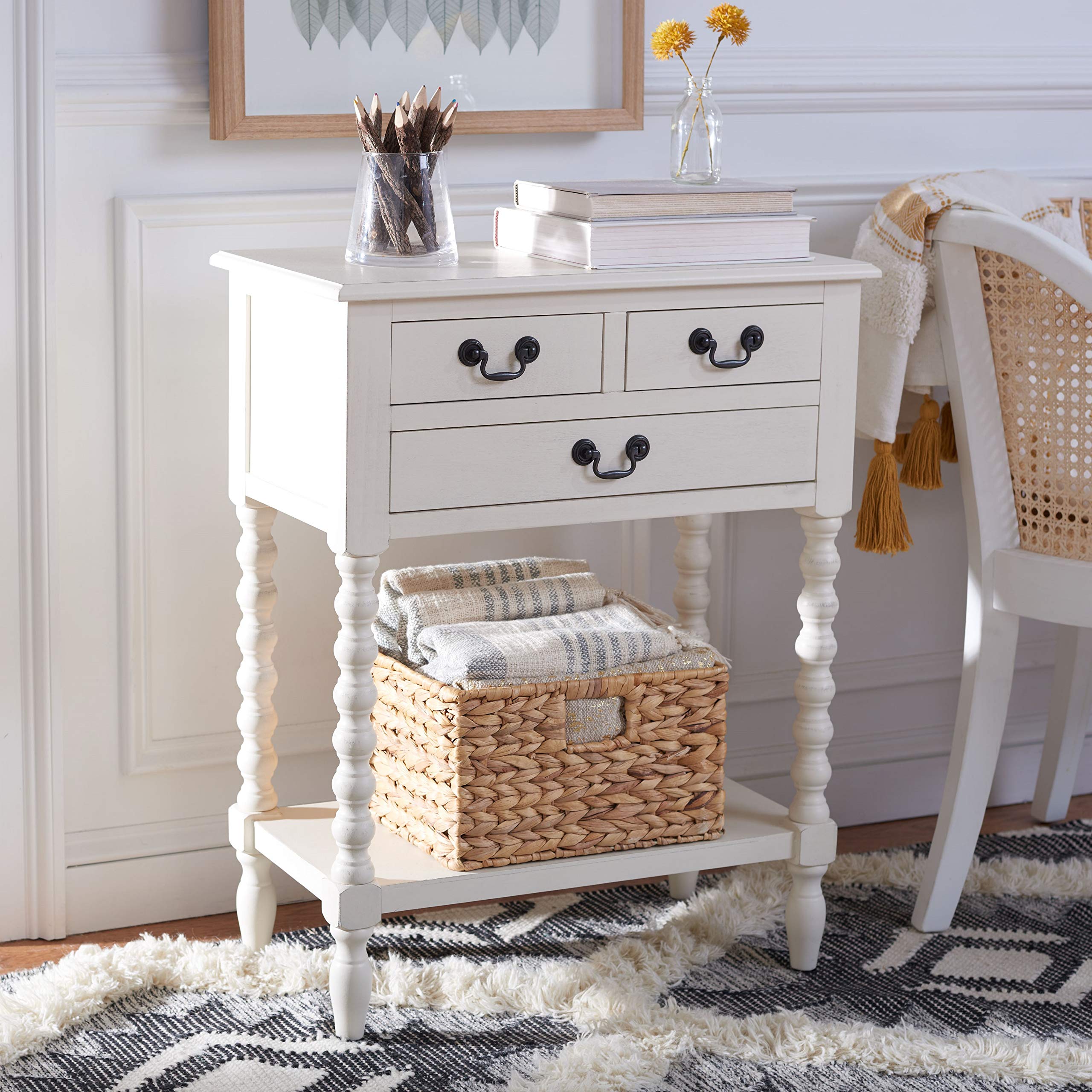 SAFAVIEH Home Collection Athena Distressed White 3-Drawer Console Table - Farmhouse Style Entryway Furniture for Hallway, Living Room & Bedroom Decor