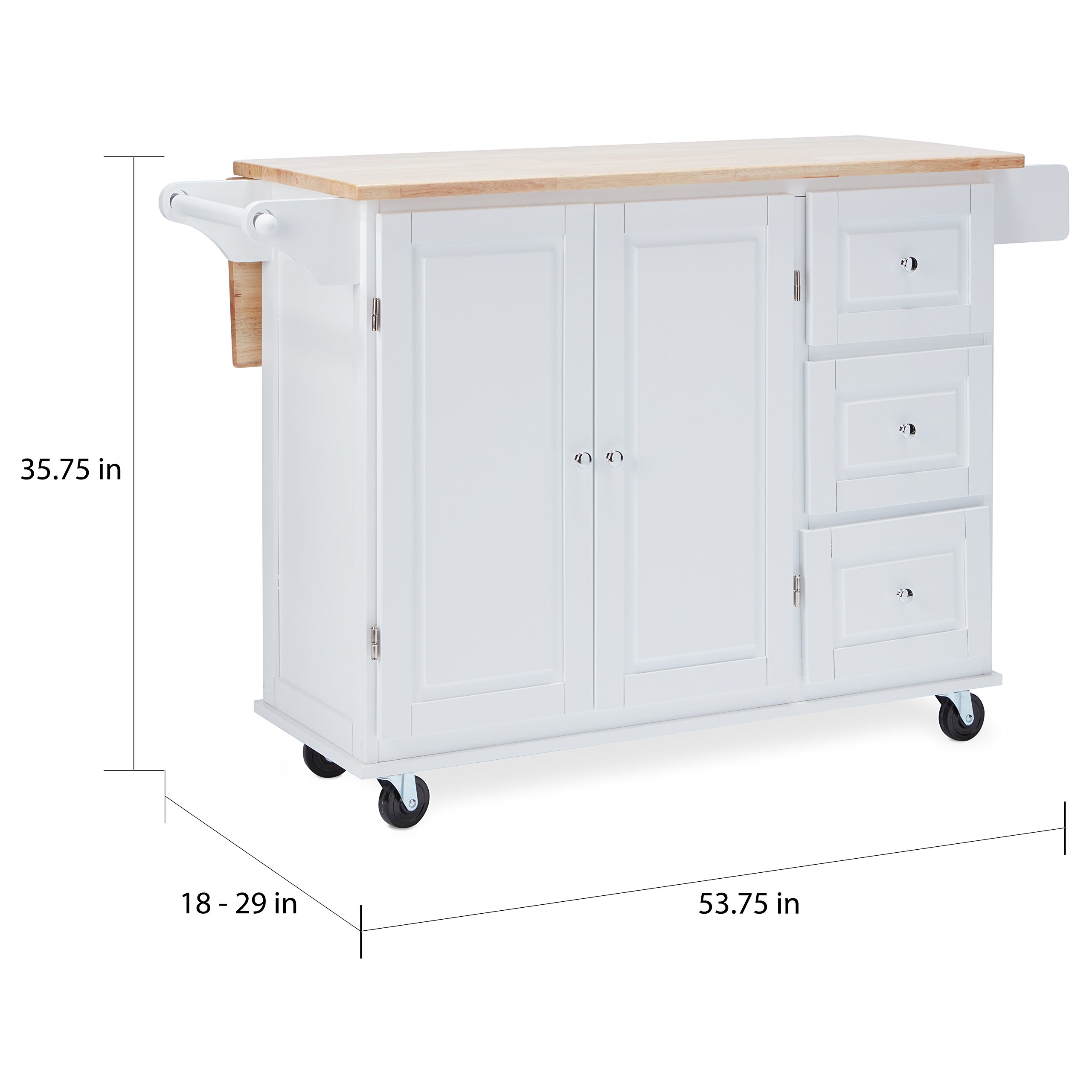 Traditional Chrome Metal 3-Drawer Drop Leaf Kitchen Cart - White/Natural Finish | Space-Saving Kitchen Island with Storage for Small Apartments & Dining Areas