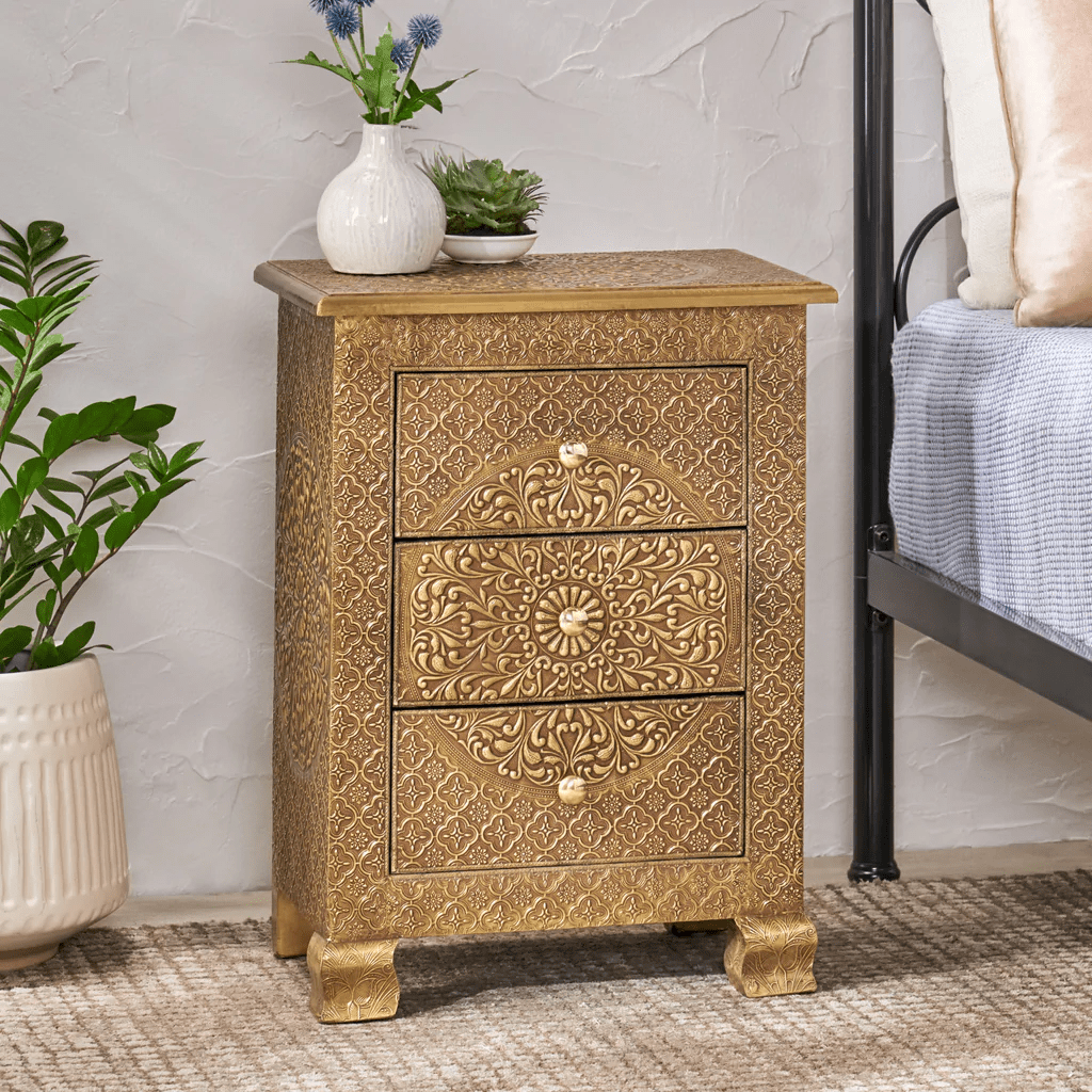 Handmade Embossed Three-Drawer Nightstand - Antique Brass or Silver Finish Bedside Table | Perfect for Bedroom, Guest Room, or Nursery Storage