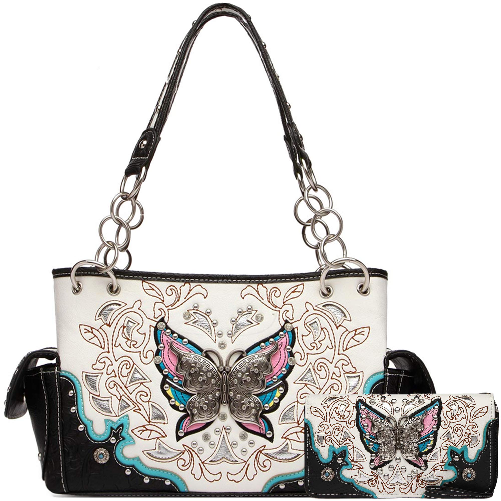 Western Style Spring Butterfly Floral Purse for Women - Vintage Rhinestone Stud Shoulder Bag & Wallet Set - Perfect for Country Outings, Weddings, and Casual Daily Use