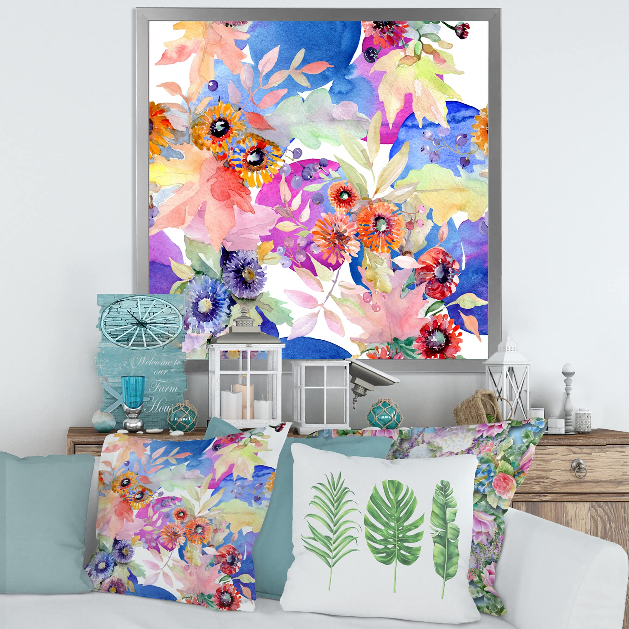 DesignQ Vibrant Wild Spring Leaves & Wildflowers Framed Wall Art - Modern Home Decor for Living Room, Bedroom & Office