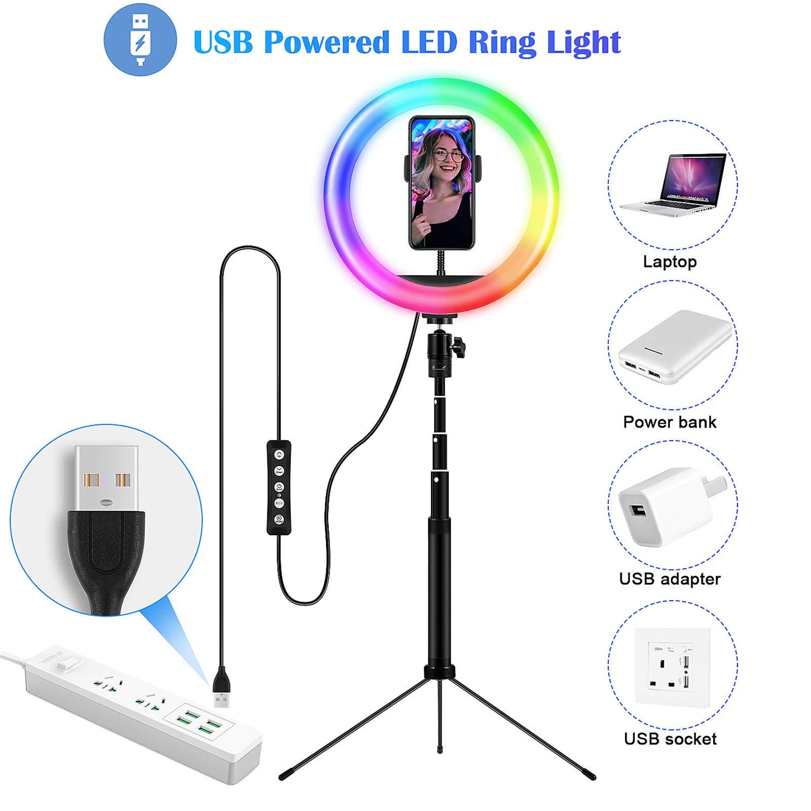 ZXCVASDF 10-inch Dimmable RGB Ring Light with Tripod Stand & Phone Holder - Perfect for Live Streaming, Makeup Videos, YouTube Content Creation - Compatible with iOS/Android Smartphones