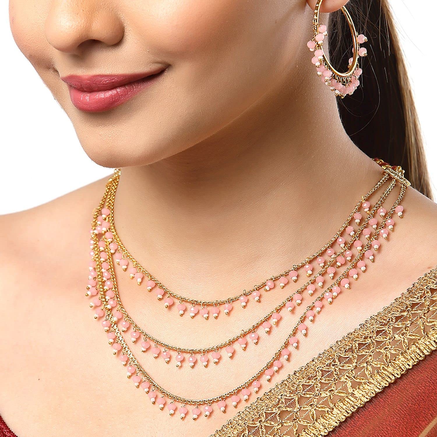 KENNICE 3-Layer Multi-Color Pearl Gold-Plated Necklace & Earrings Set for Women | Traditional Bridal Jewelry, Party Accessories, Gift for Her, Anniversary Present